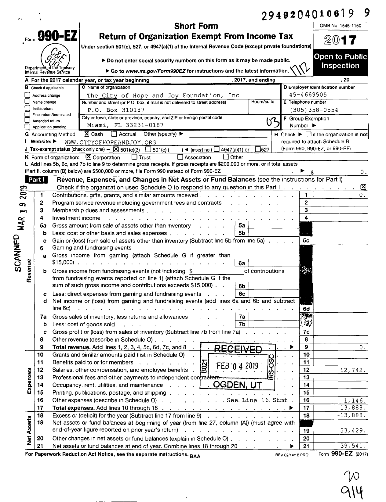 Image of first page of 2017 Form 990EZ for City of Hope and Joy Foundation