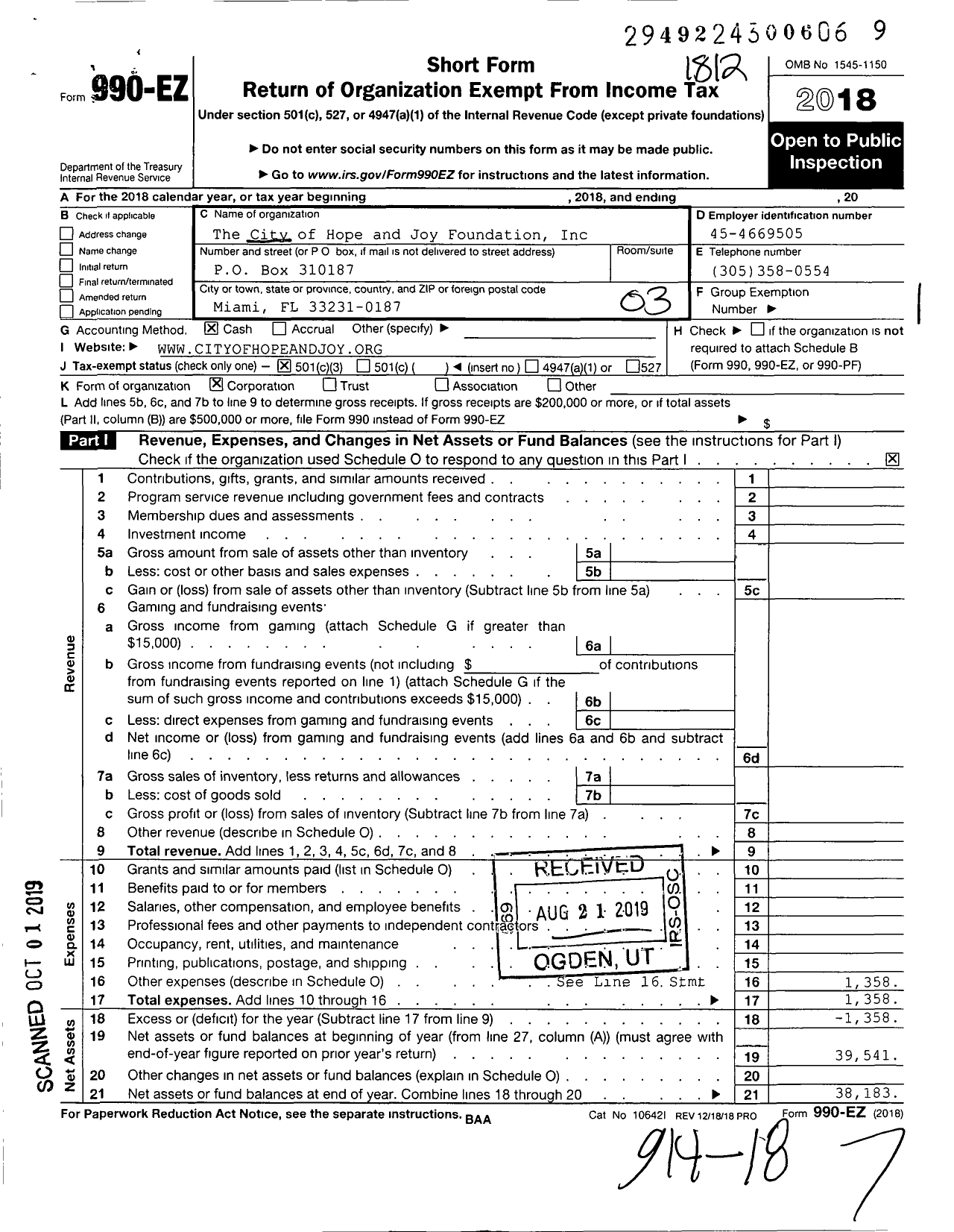 Image of first page of 2018 Form 990EZ for City of Hope and Joy Foundation