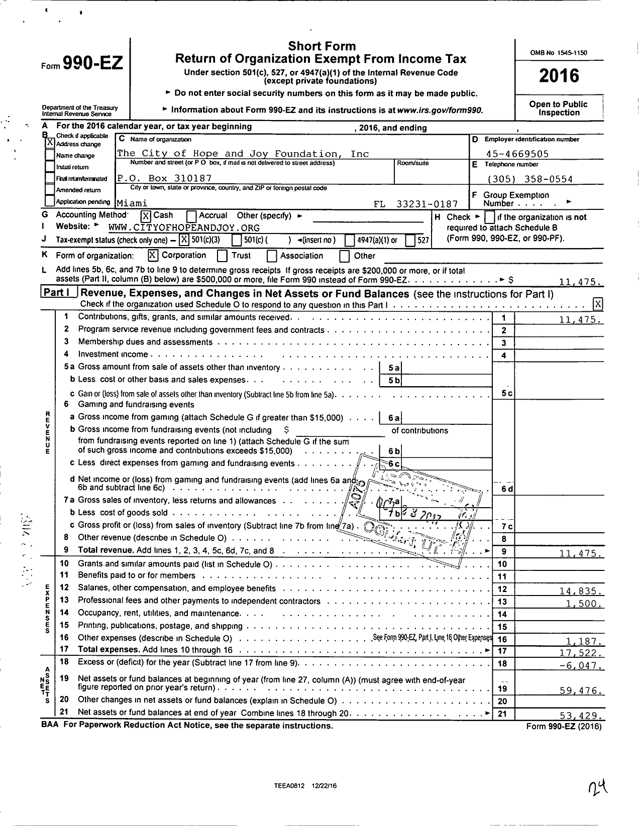 Image of first page of 2016 Form 990EZ for City of Hope and Joy Foundation