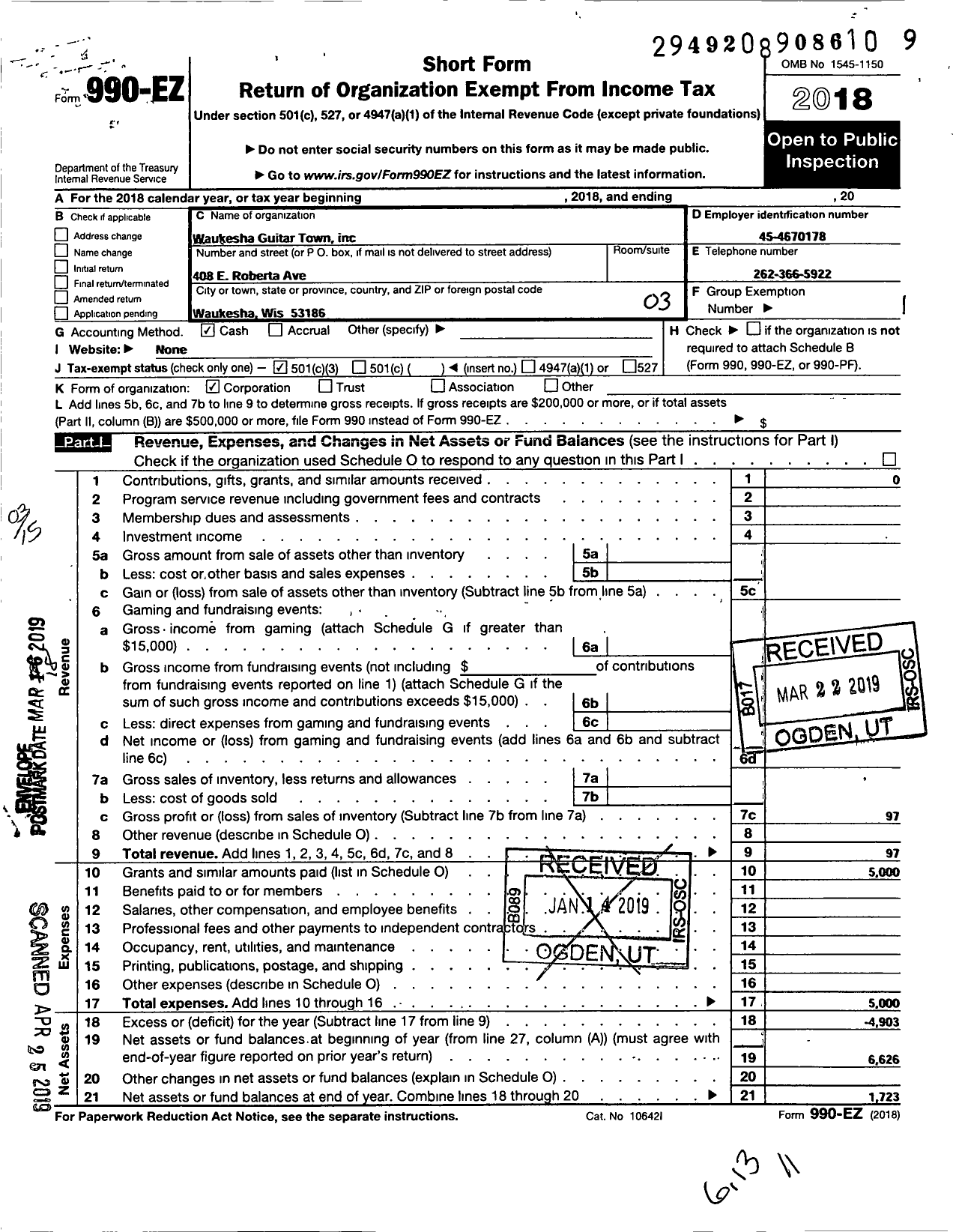 Image of first page of 2018 Form 990EZ for Waukesha Guitar Town