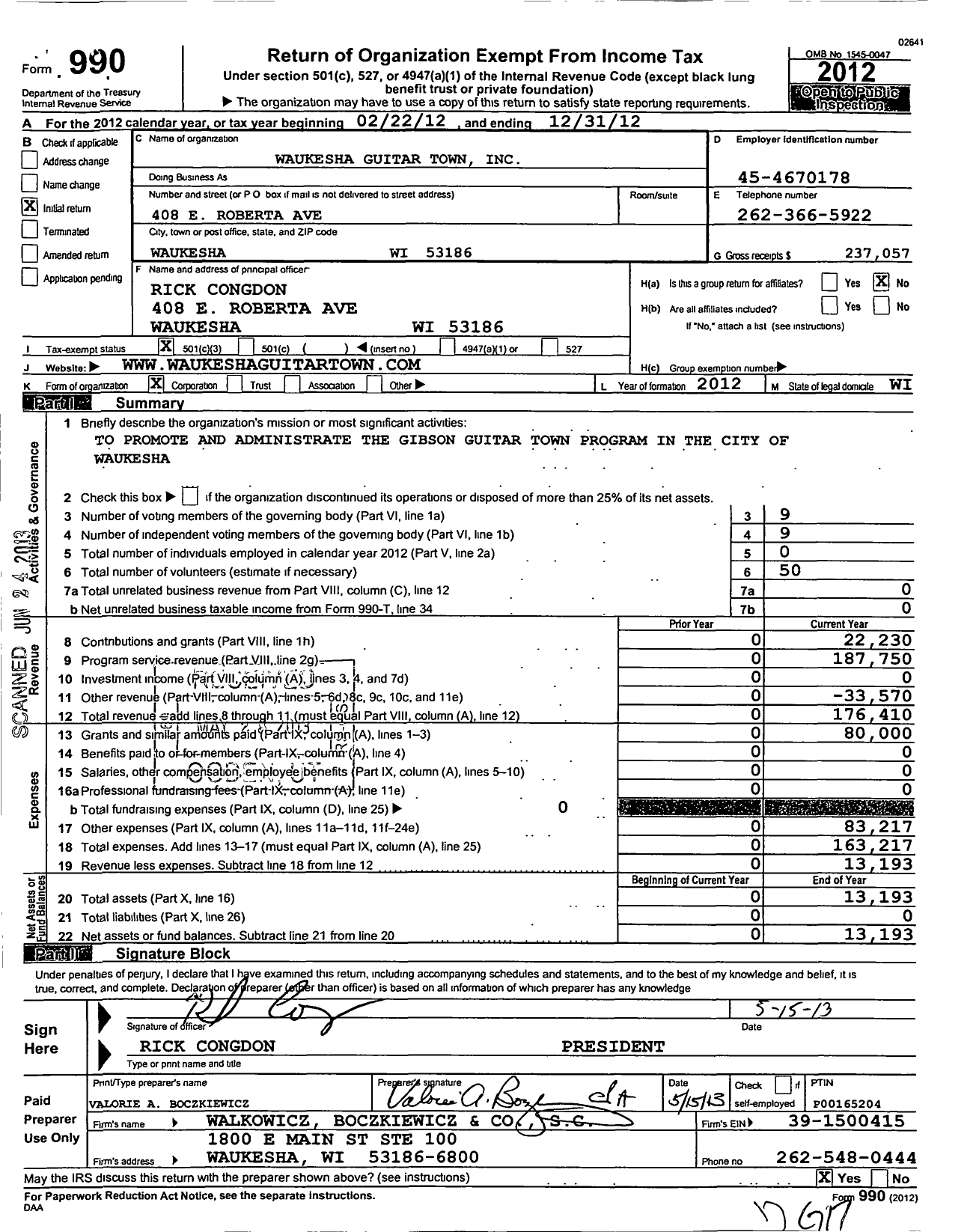 Image of first page of 2012 Form 990 for Waukesha Guitar Town