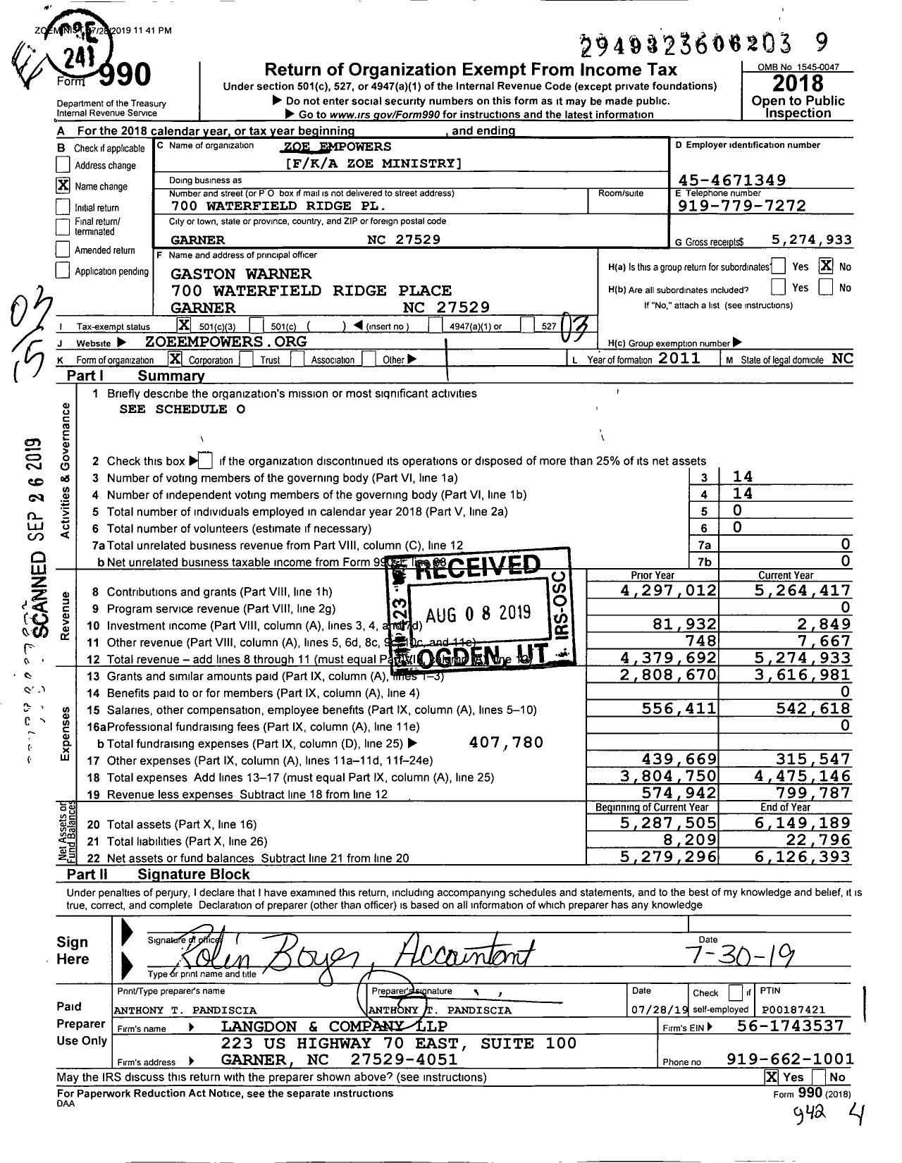 Image of first page of 2018 Form 990 for Zoe Empowers