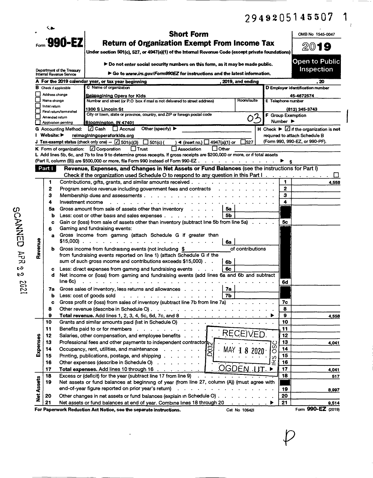 Image of first page of 2019 Form 990EZ for Reimagining Opera for Kids