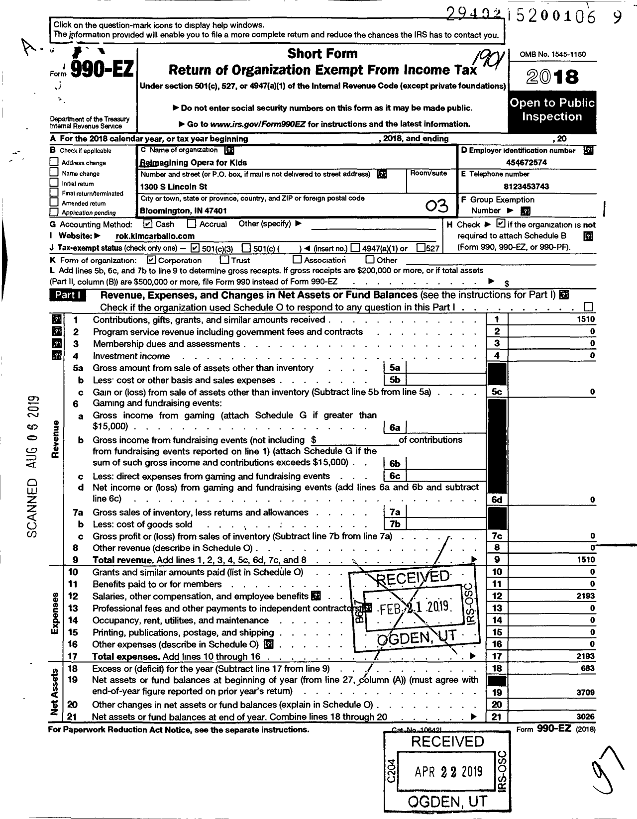 Image of first page of 2018 Form 990EZ for Reimagining Opera for Kids