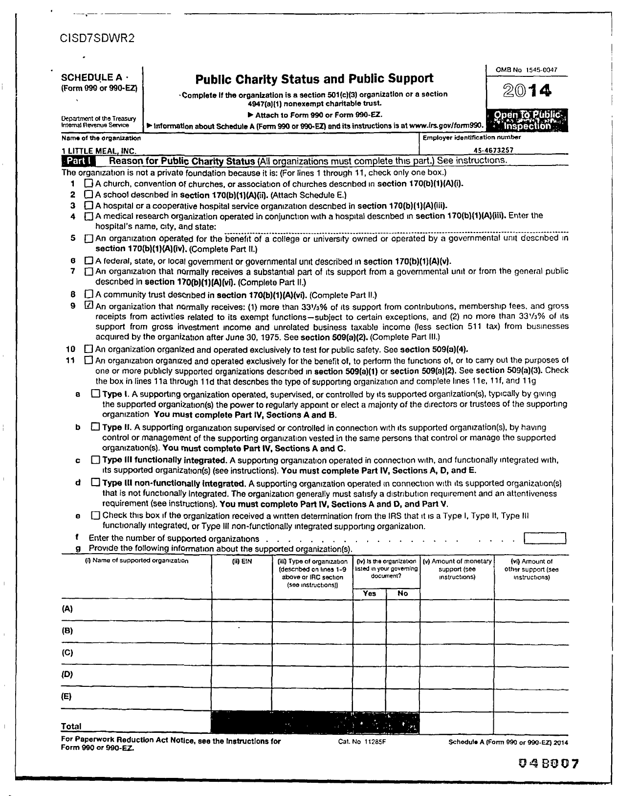 Image of first page of 2014 Form 990ER for 1little Meal