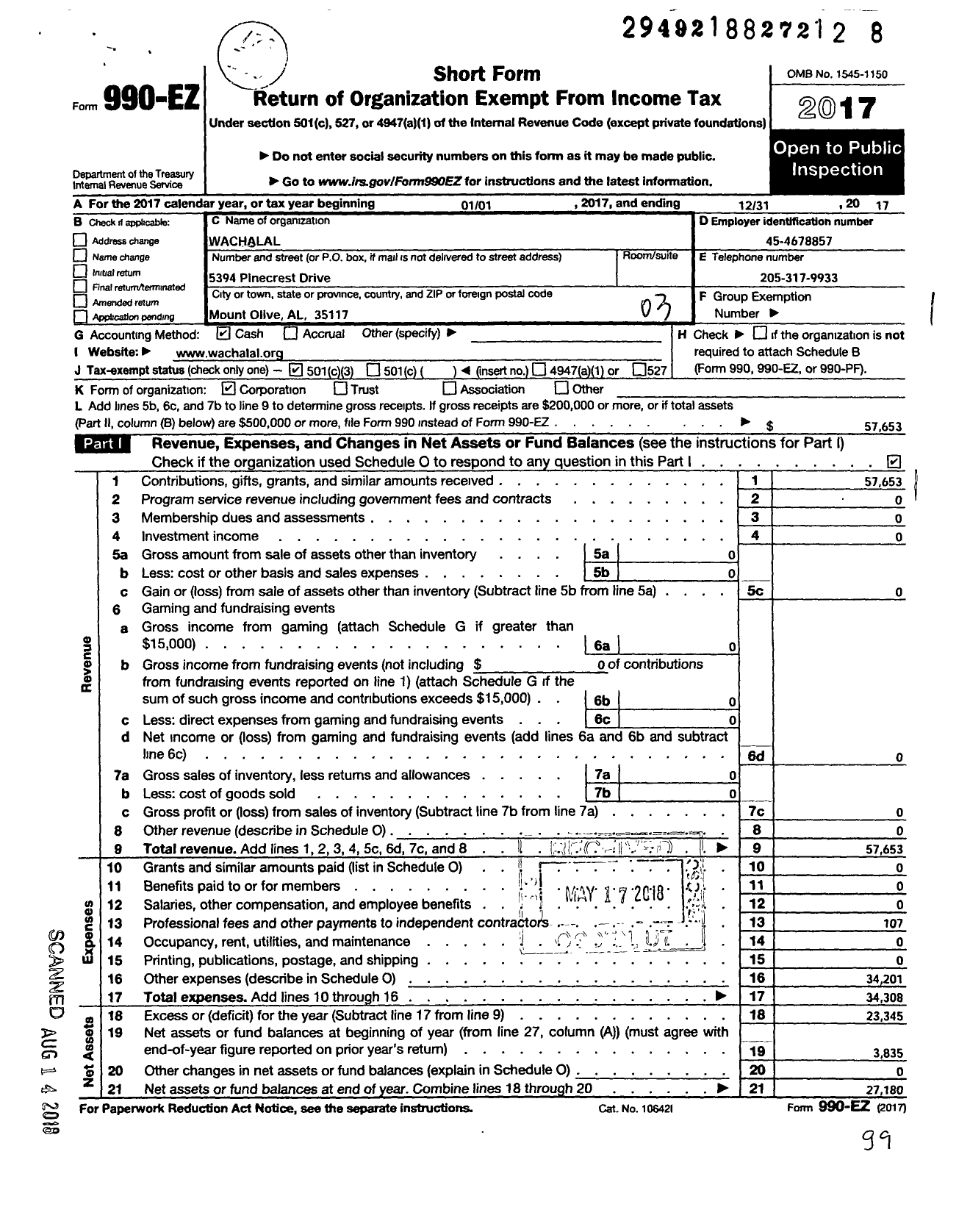 Image of first page of 2017 Form 990EZ for Wachalal