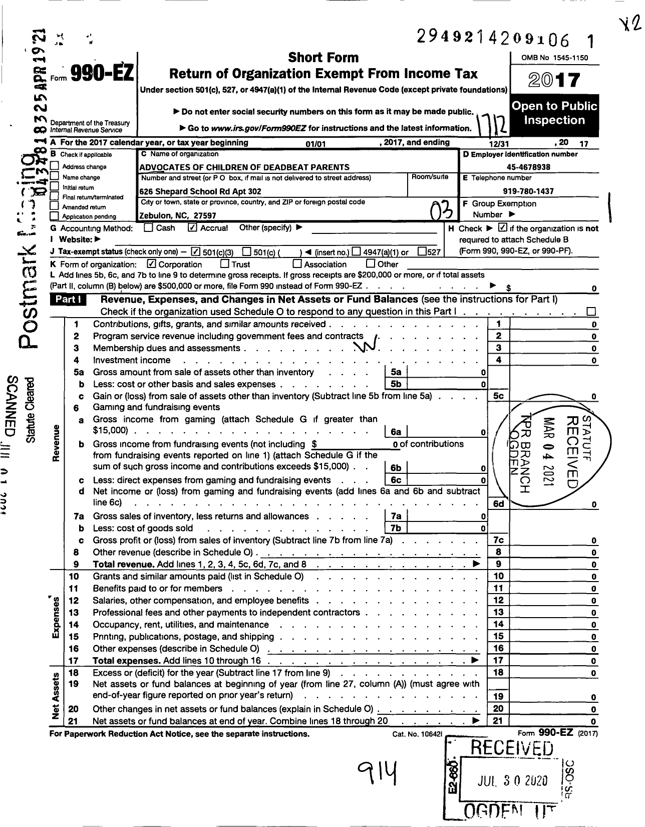 Image of first page of 2017 Form 990EZ for Advocates of Children of Deadbeat Parents