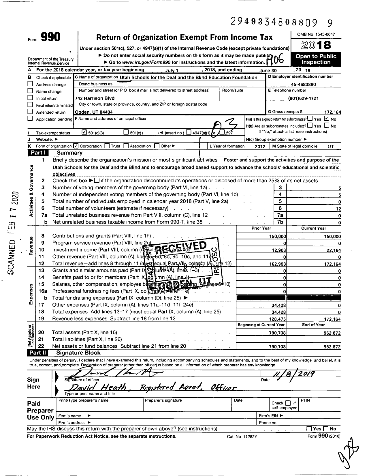 Image of first page of 2018 Form 990 for the Utah Schools for the Deaf and Blind Education Foundation