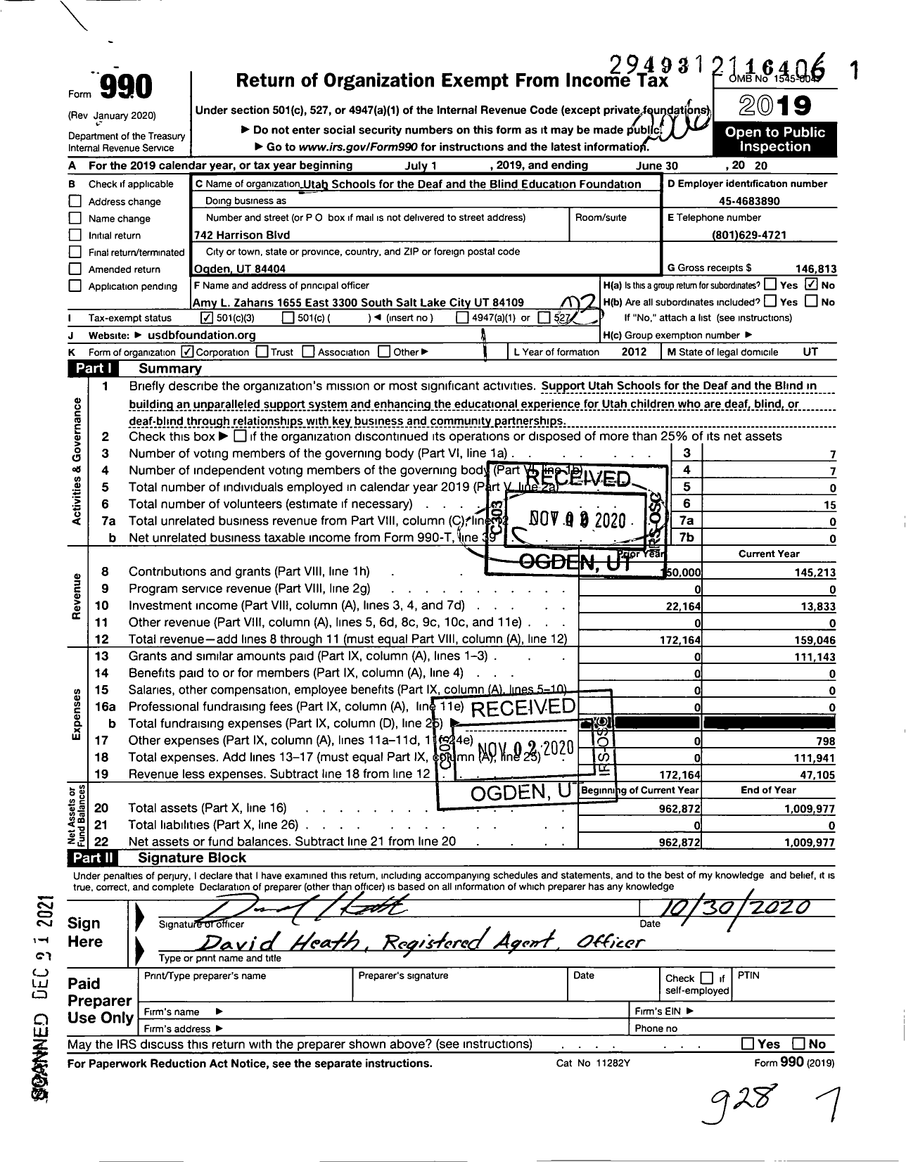 Image of first page of 2019 Form 990 for the Utah Schools for the Deaf and Blind Education Foundation