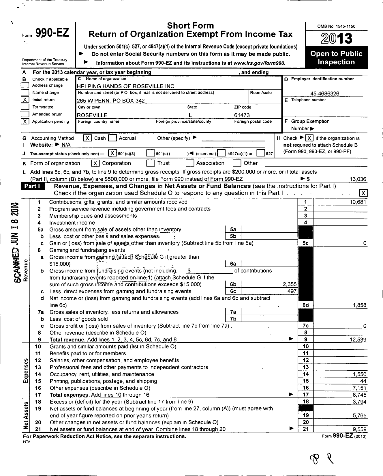 Image of first page of 2013 Form 990EZ for Helping Hands of Roseville