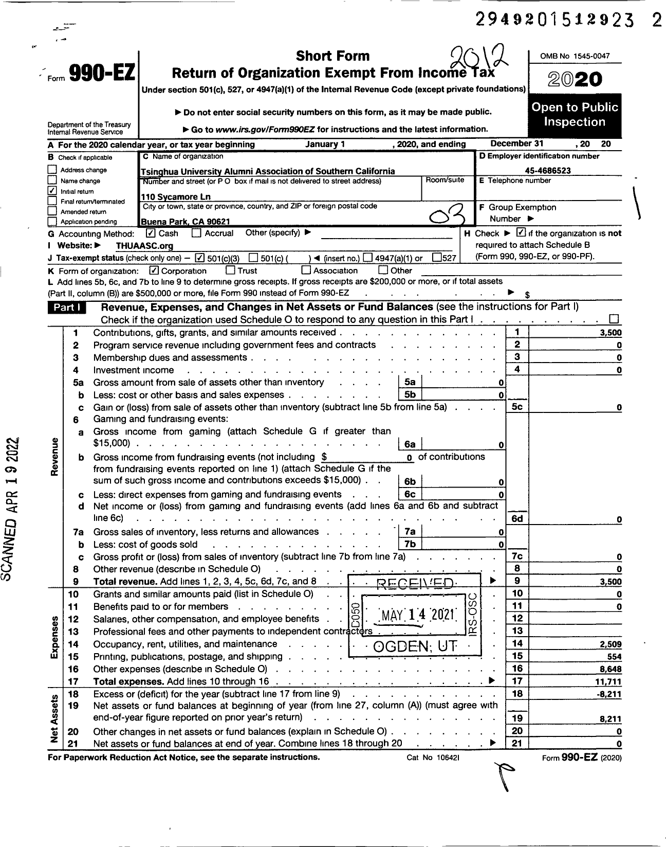 Image of first page of 2020 Form 990EZ for Tsinghua University Alumni Association of Southern California