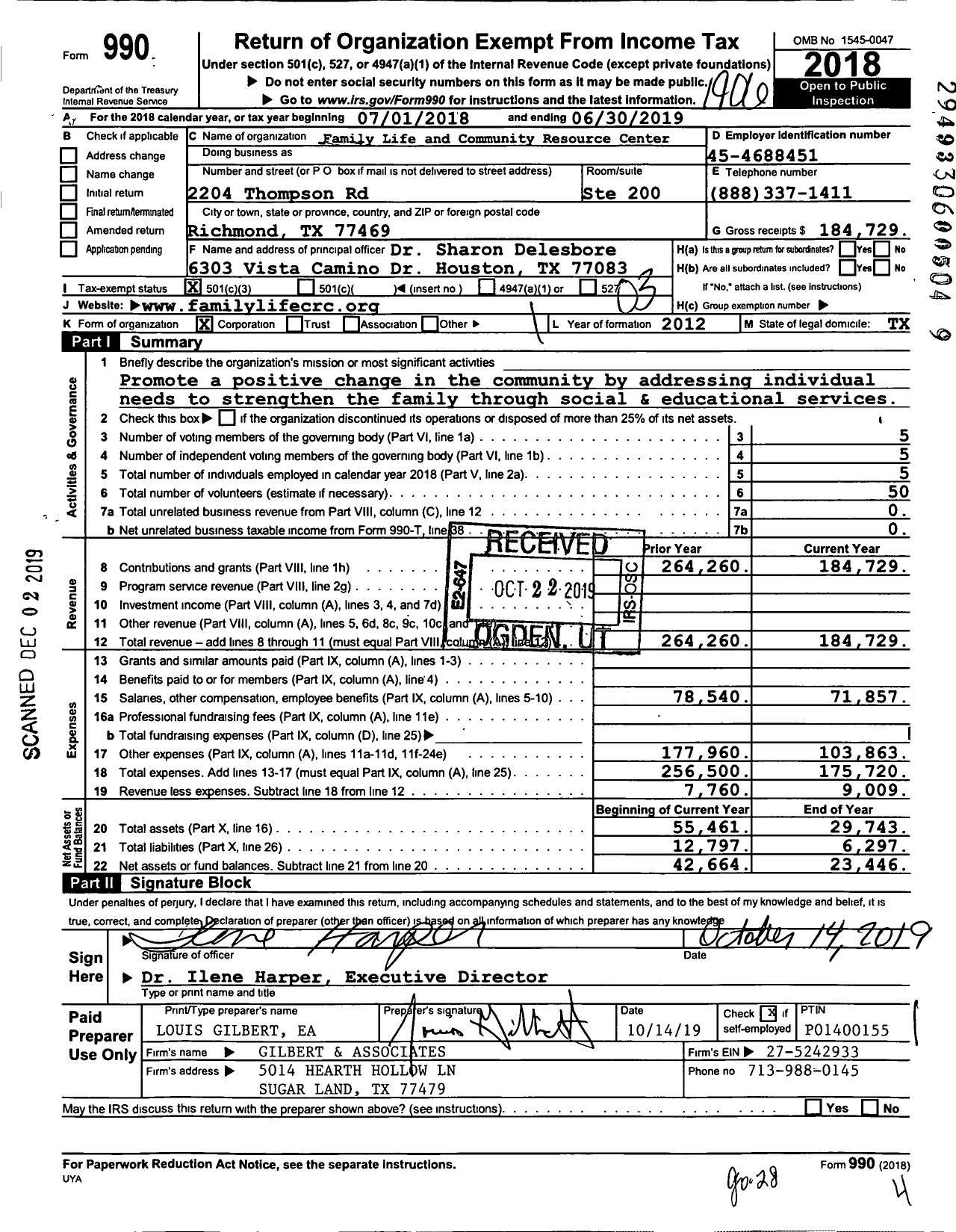 Image of first page of 2018 Form 990 for Family Life And Community Resource Center