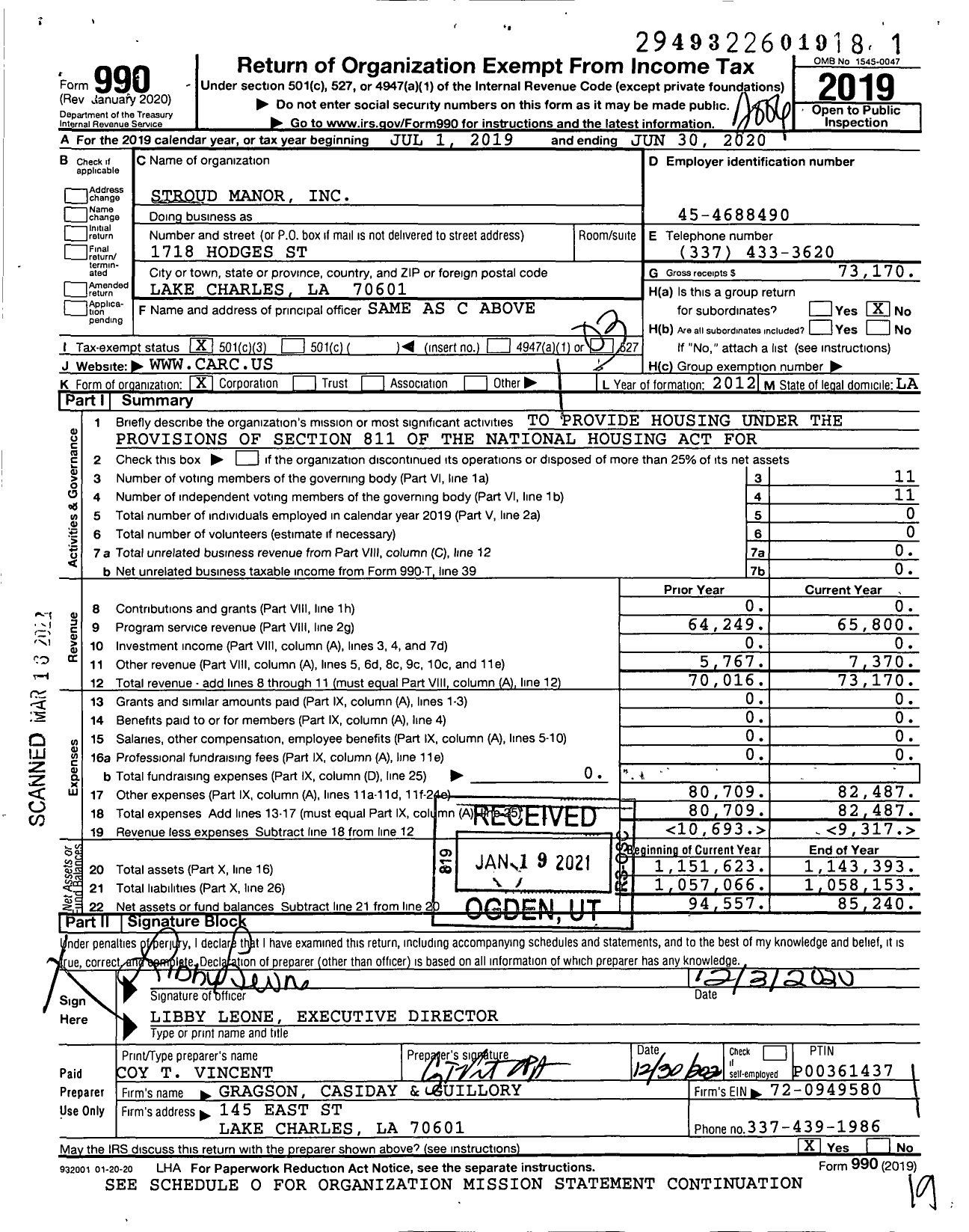 Image of first page of 2019 Form 990 for Stroud Manor