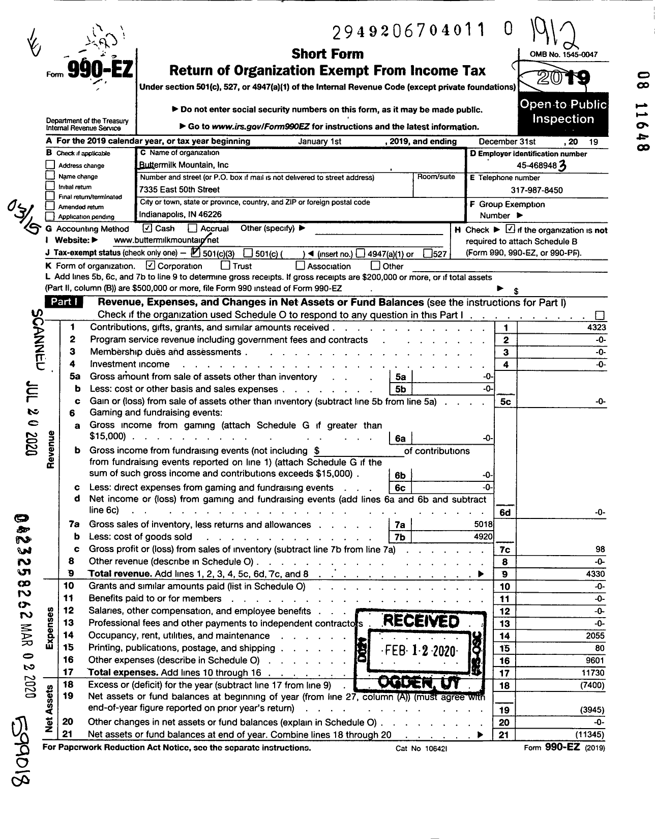 Image of first page of 2019 Form 990EZ for Buttermilk Mountain