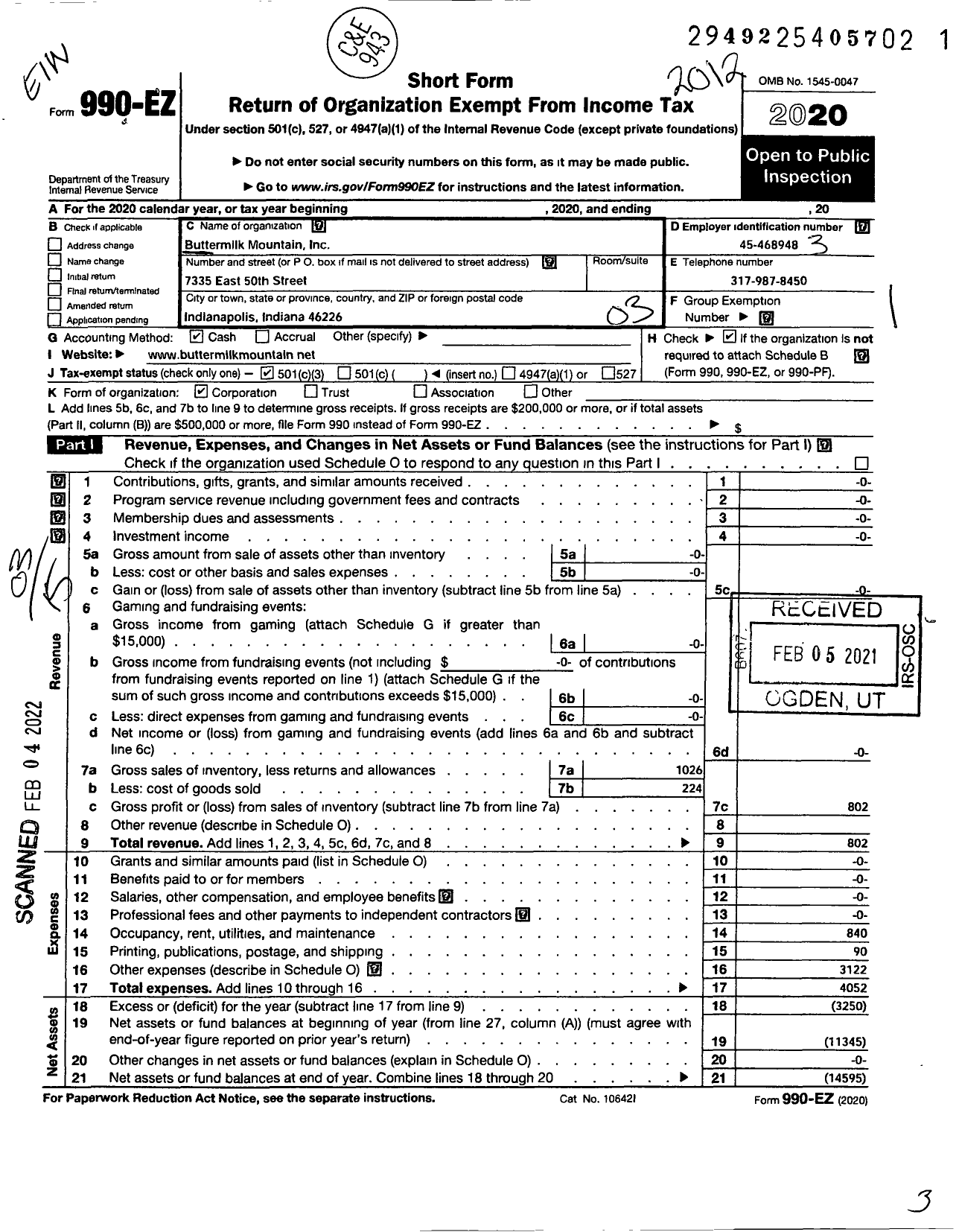 Image of first page of 2020 Form 990EZ for Buttermilk Mountain