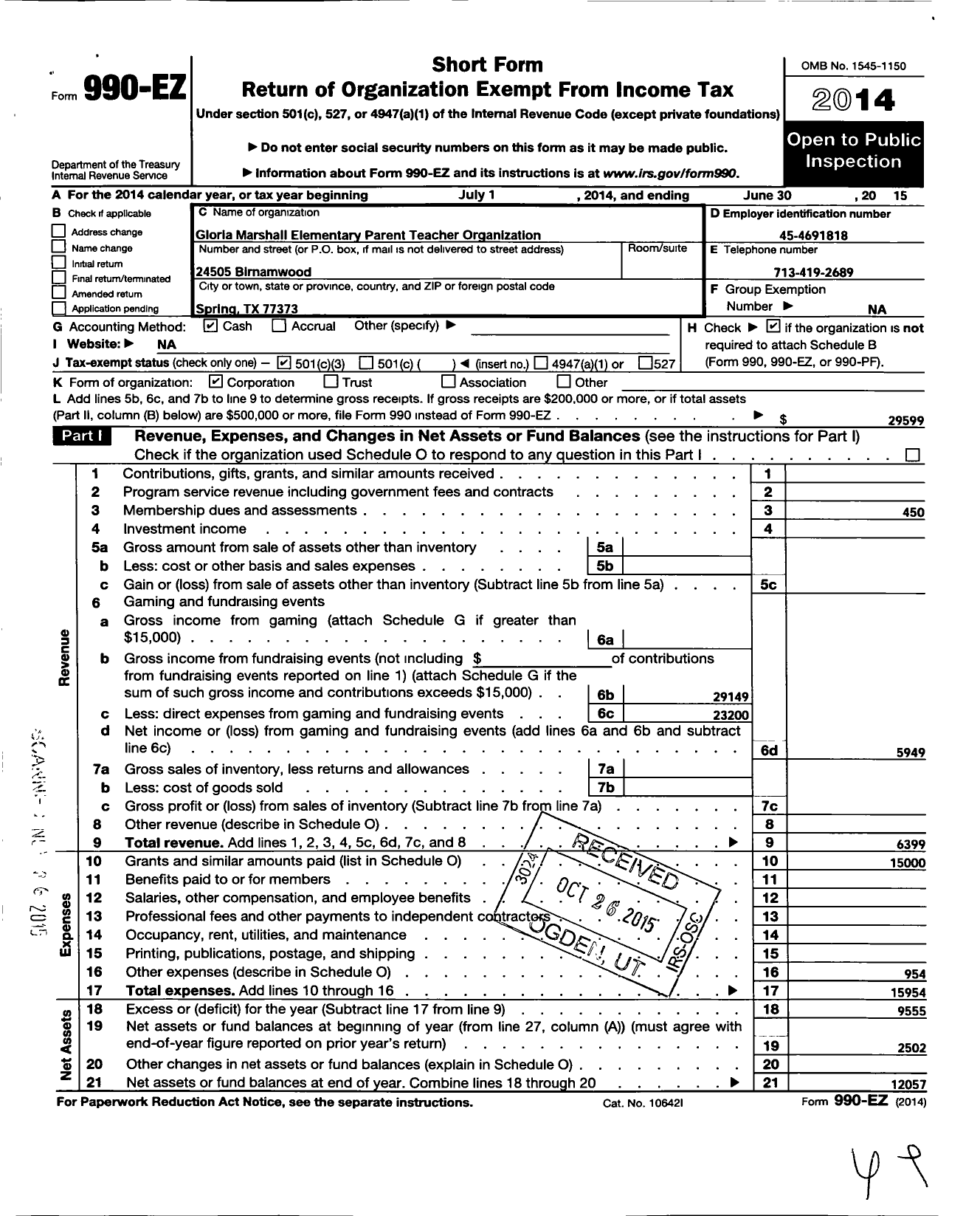 Image of first page of 2014 Form 990EZ for Gloria Marshall Elementary Parent Teacher Organization