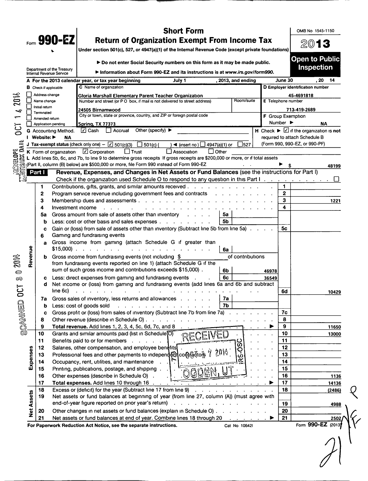 Image of first page of 2013 Form 990EZ for Gloria Marshall Elementary Parent Teacher Organization