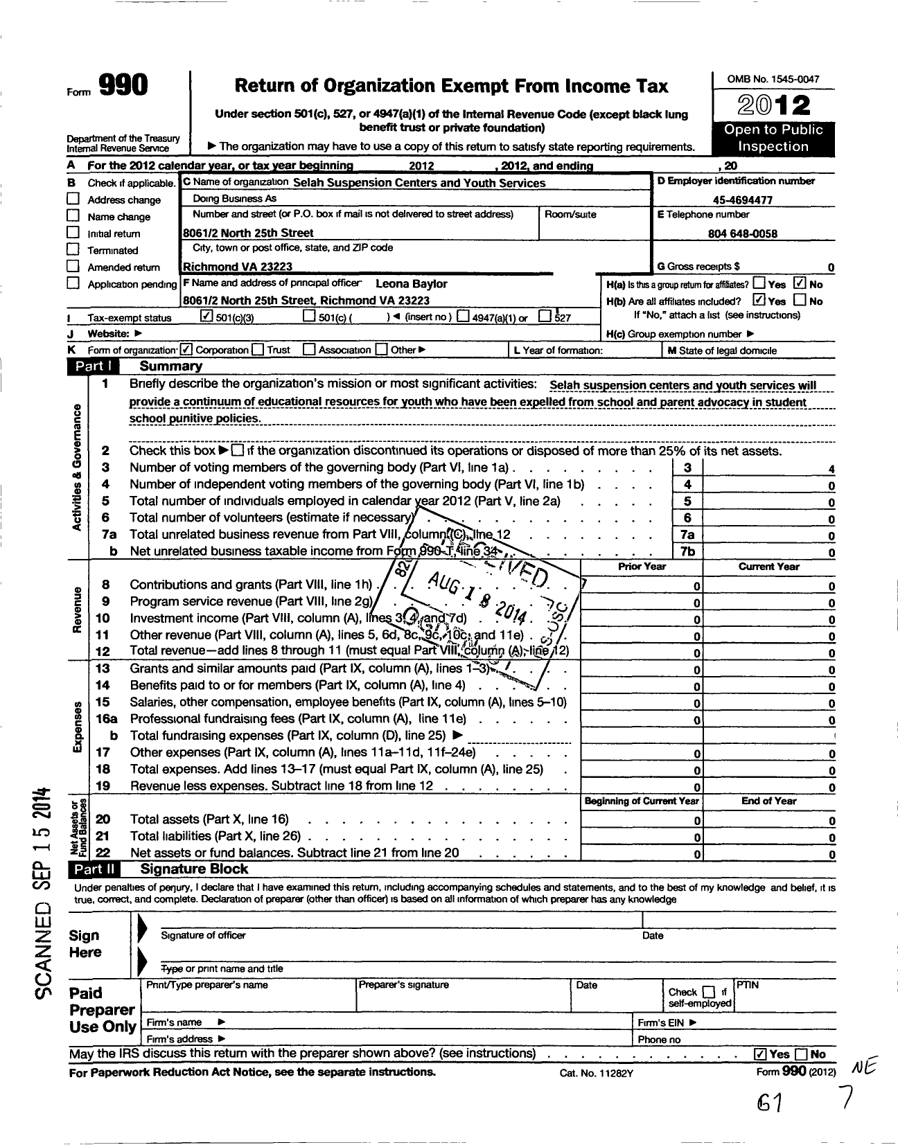 Image of first page of 2012 Form 990 for Selah Suspension Centers and Youth Services