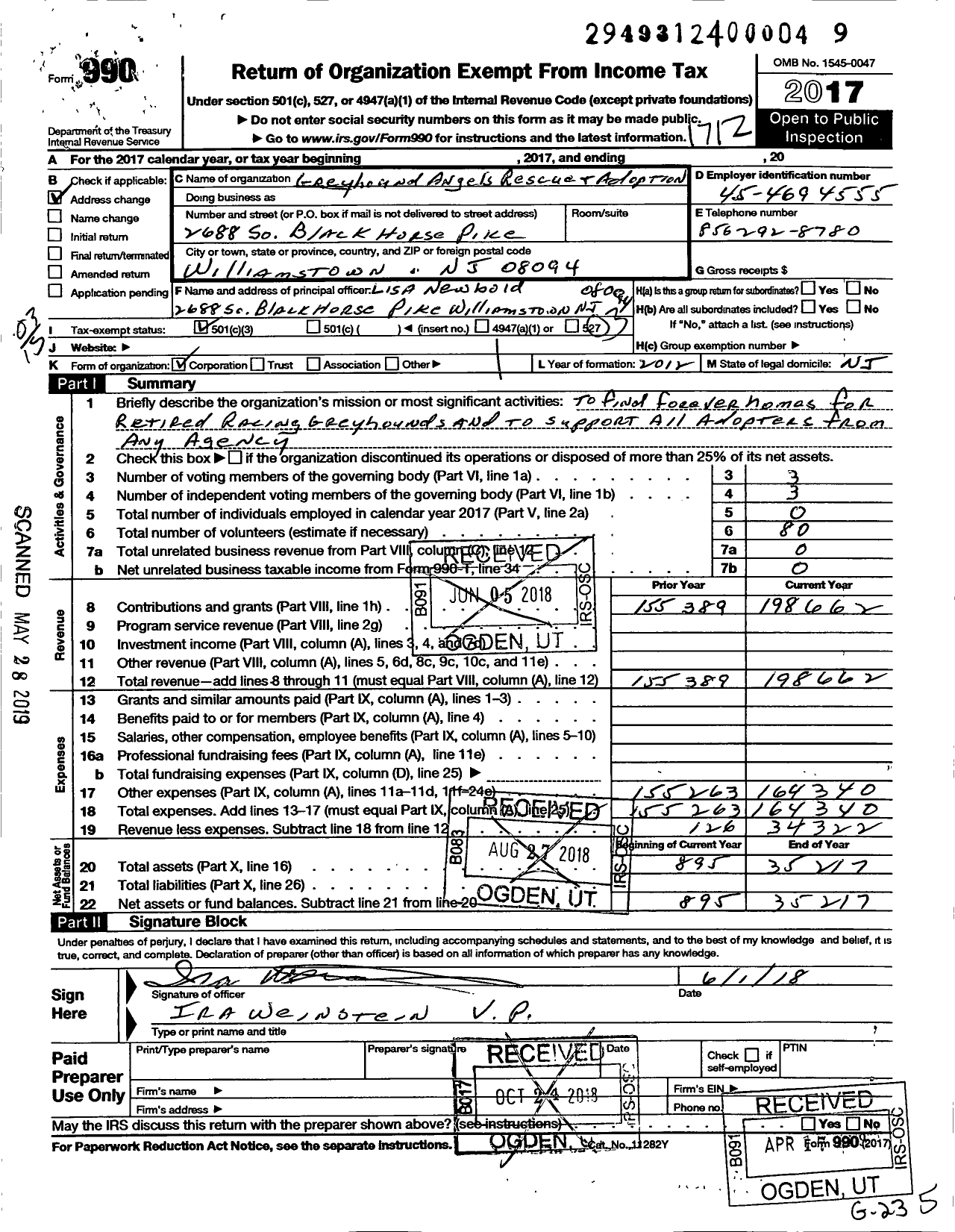 Image of first page of 2017 Form 990 for Grayhound Angels Rescue and Adoption