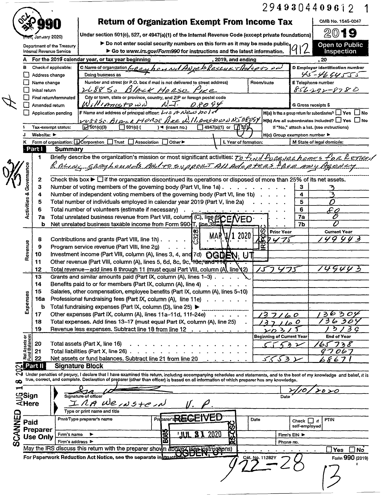Image of first page of 2019 Form 990 for Grayhound Angels Rescue and Adoption