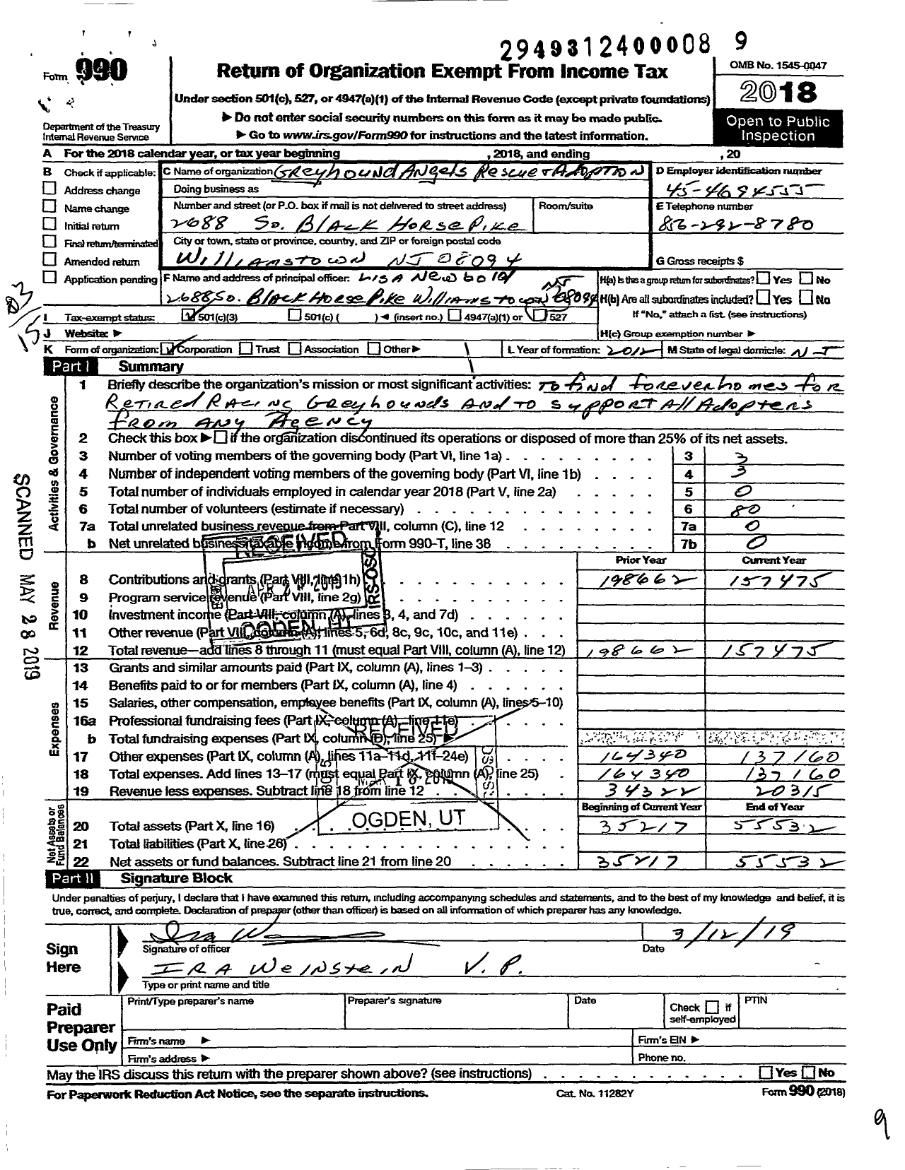 Image of first page of 2018 Form 990 for Grayhound Angels Rescue and Adoption