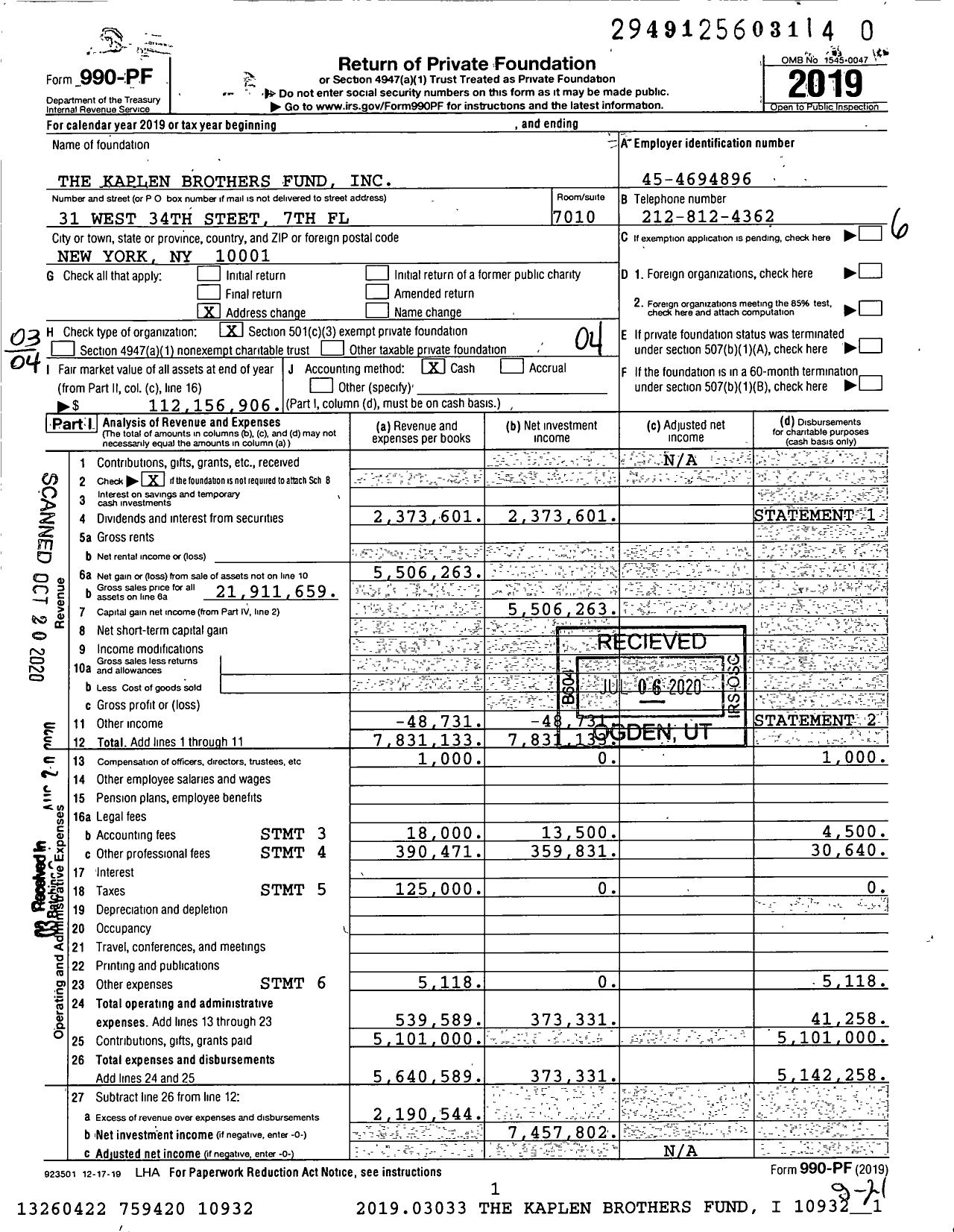 Image of first page of 2019 Form 990PR for The Kaplen Brothers Fund