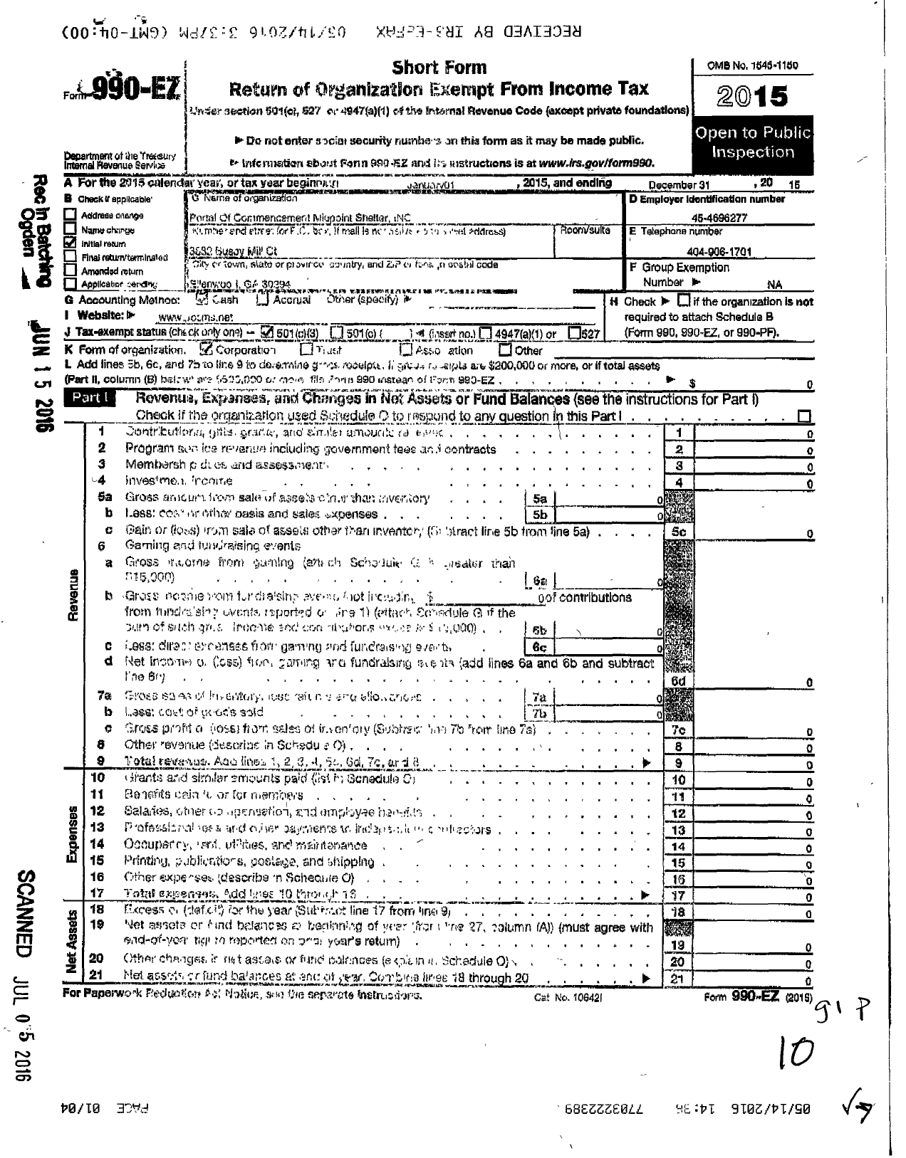 Image of first page of 2015 Form 990EZ for Portal of Commencement Midpoint Shelter