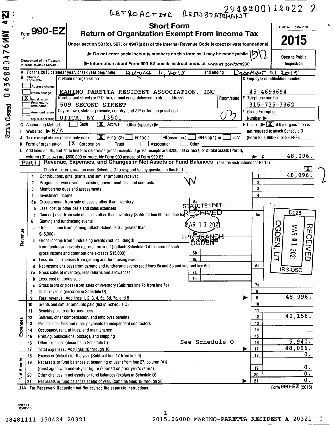 Image of first page of 2015 Form 990EZ for Marino-Paretta Resident Association