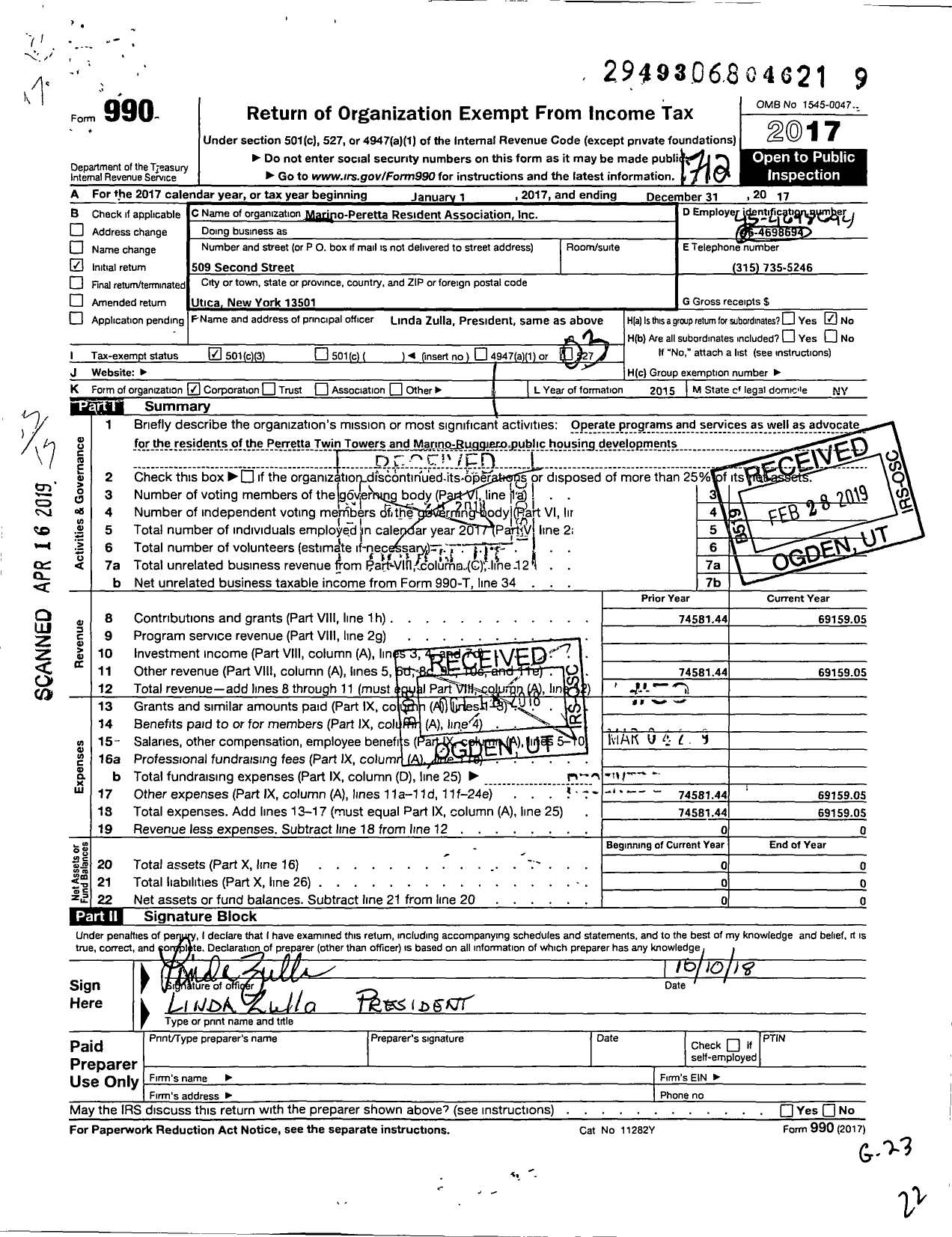 Image of first page of 2017 Form 990 for Marino-Paretta Resident Association