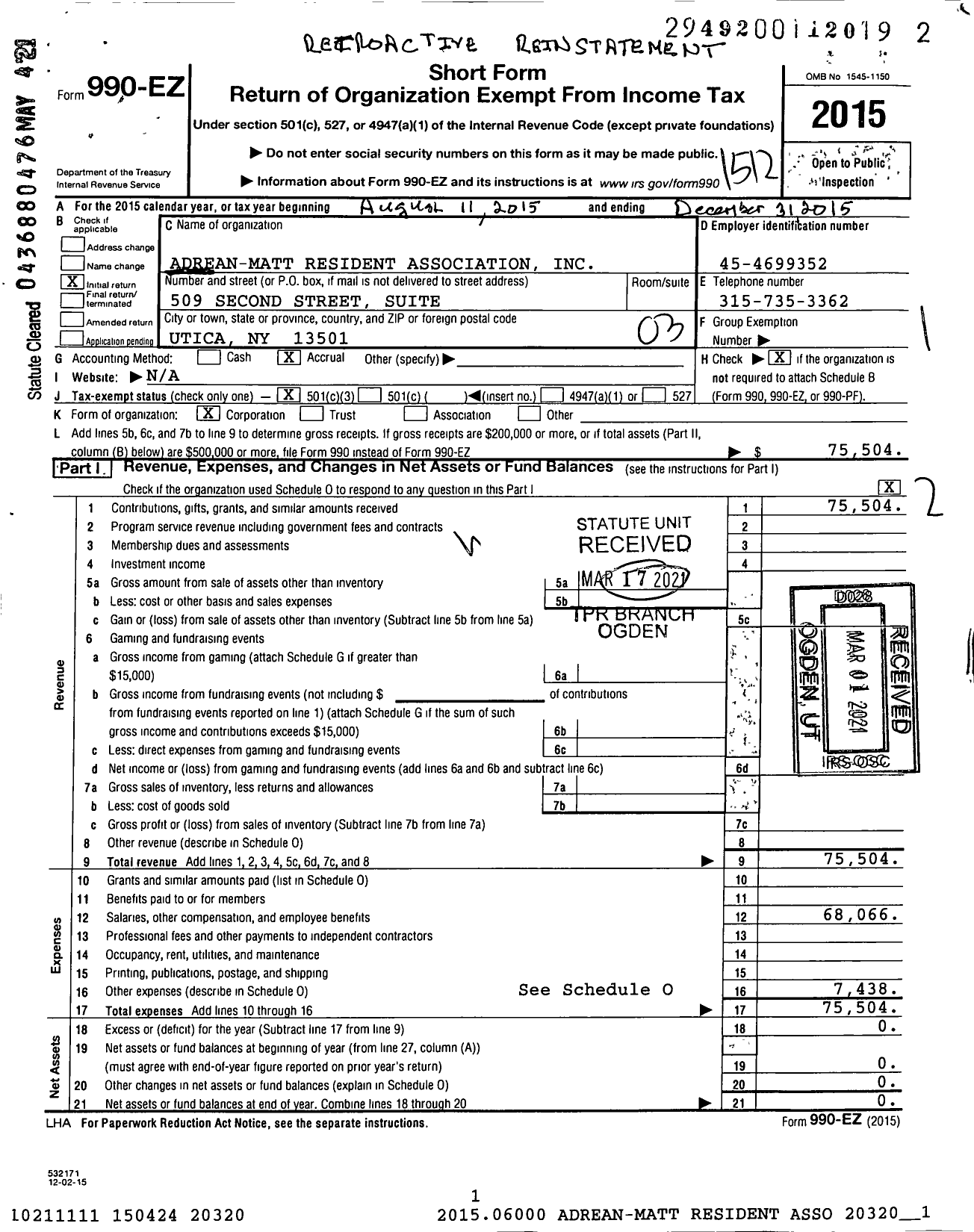 Image of first page of 2015 Form 990EZ for Adrean-Matt Resident Association