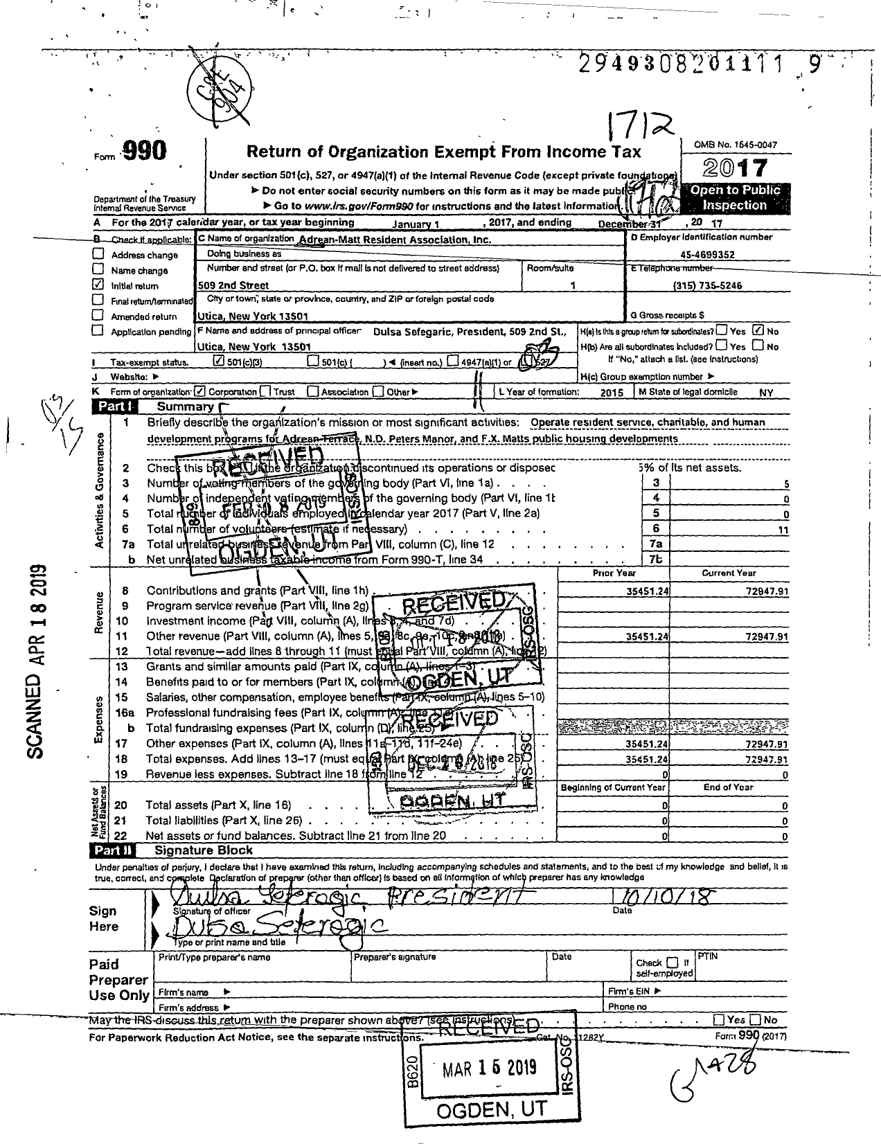 Image of first page of 2017 Form 990 for Adrean-Matt Resident Association