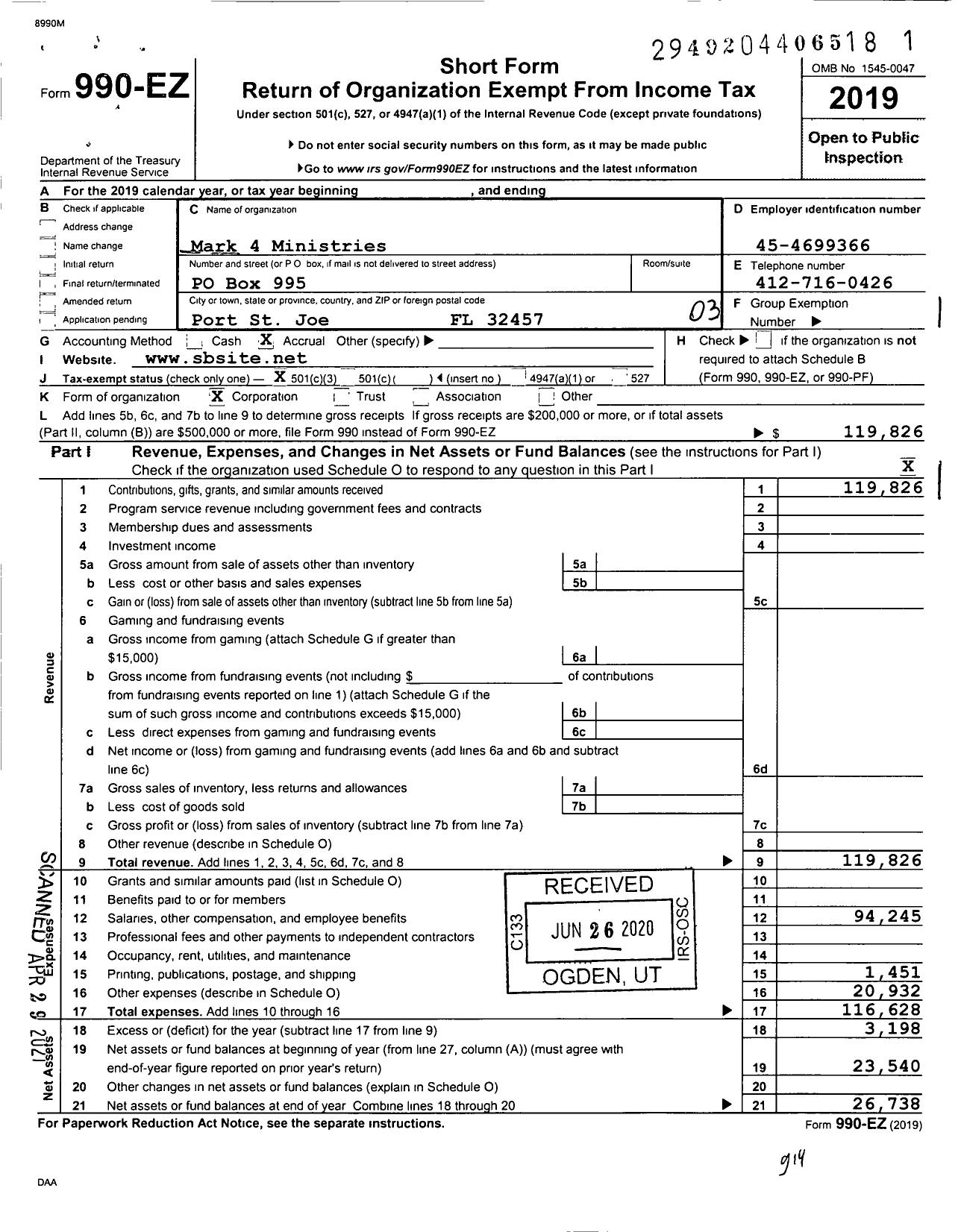 Image of first page of 2019 Form 990EZ for Mark 4 Ministries