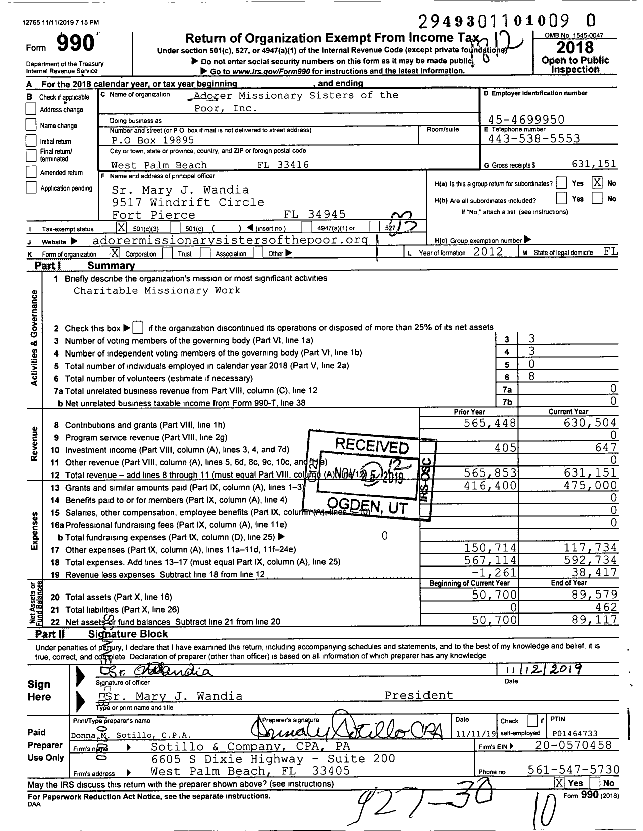 Image of first page of 2018 Form 990 for Adorer Missionary Sisters of the Poor