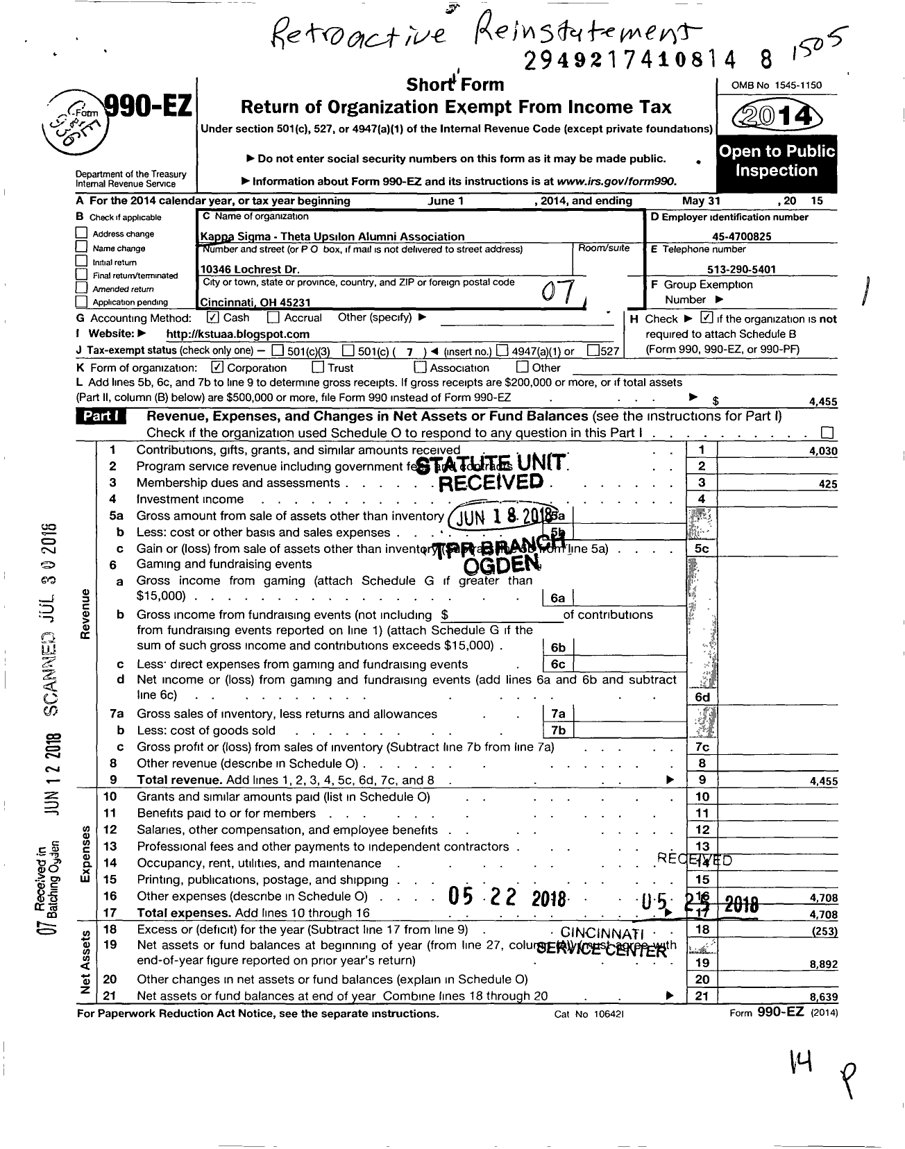 Image of first page of 2014 Form 990EO for Kappa Sigma - Theta Upsilon Alumni Association