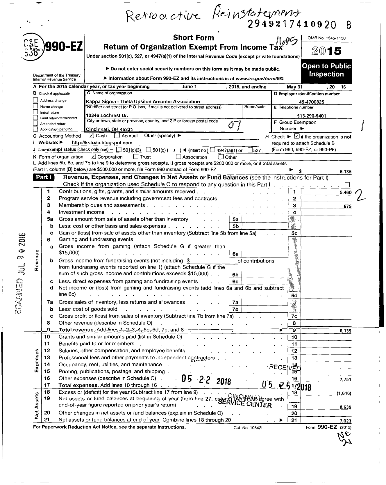 Image of first page of 2015 Form 990EO for Kappa Sigma - Theta Upsilon Alumni Association