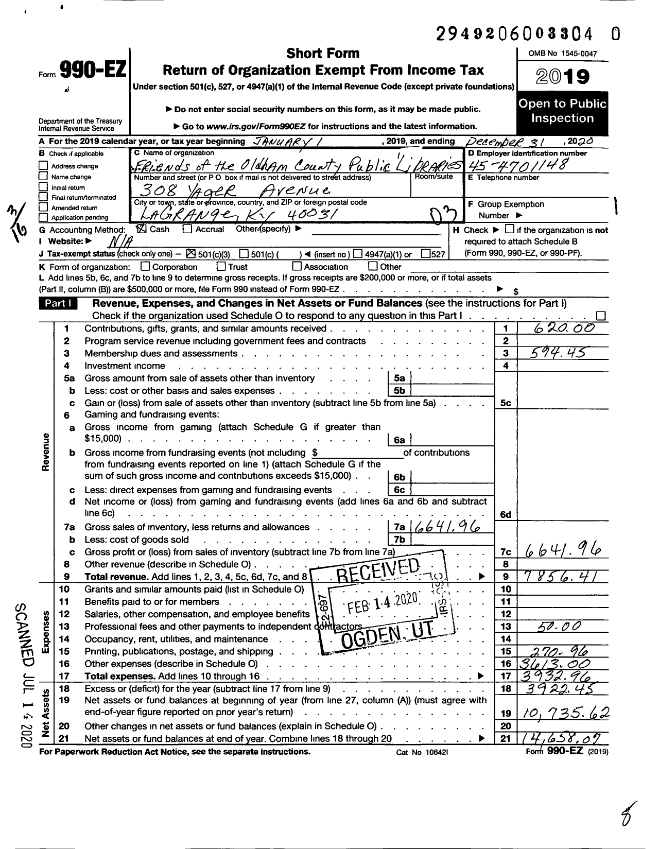 Image of first page of 2020 Form 990EZ for Friends of Oldham County Public Library