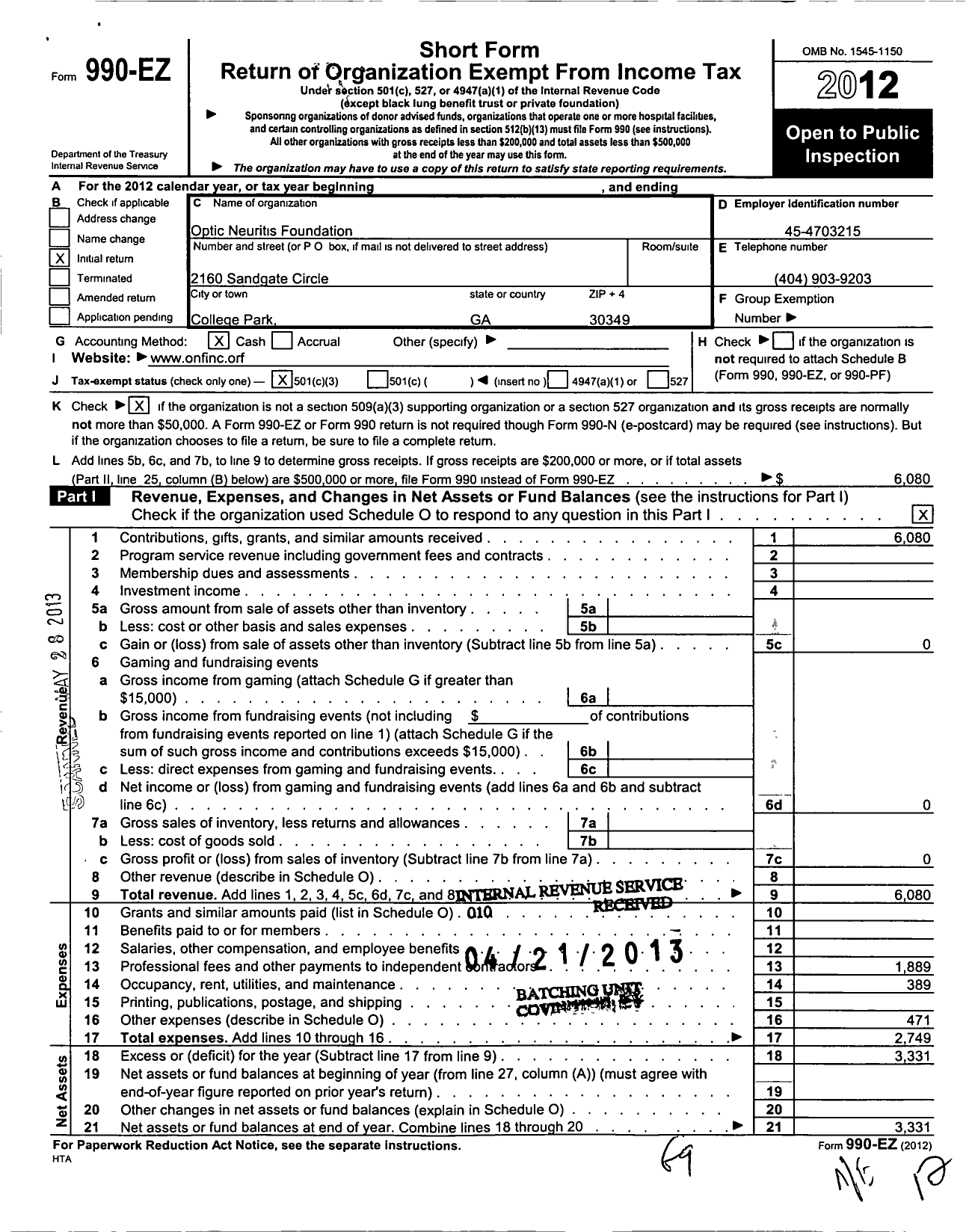 Image of first page of 2012 Form 990EZ for Optic Neuritis Foundation