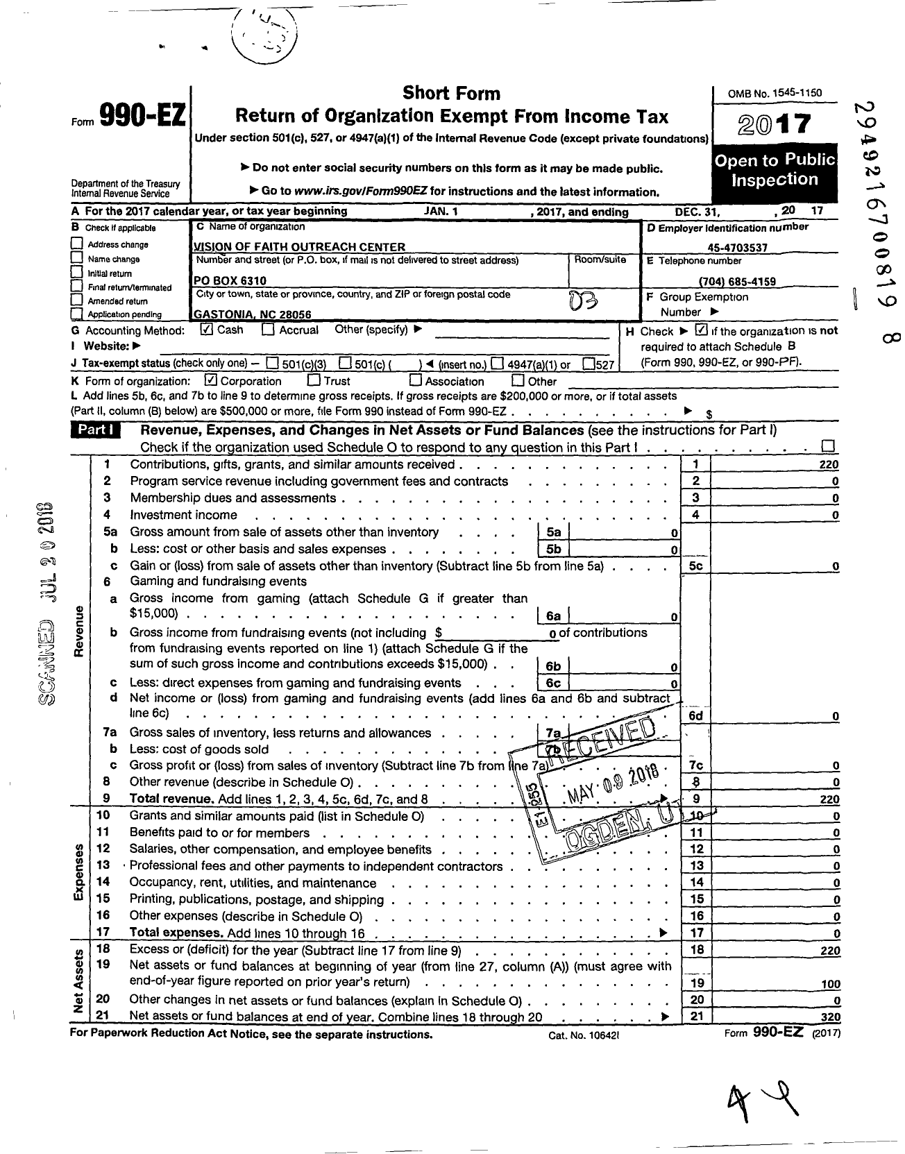 Image of first page of 2017 Form 990EZ for Vision of Faith Outreach Center