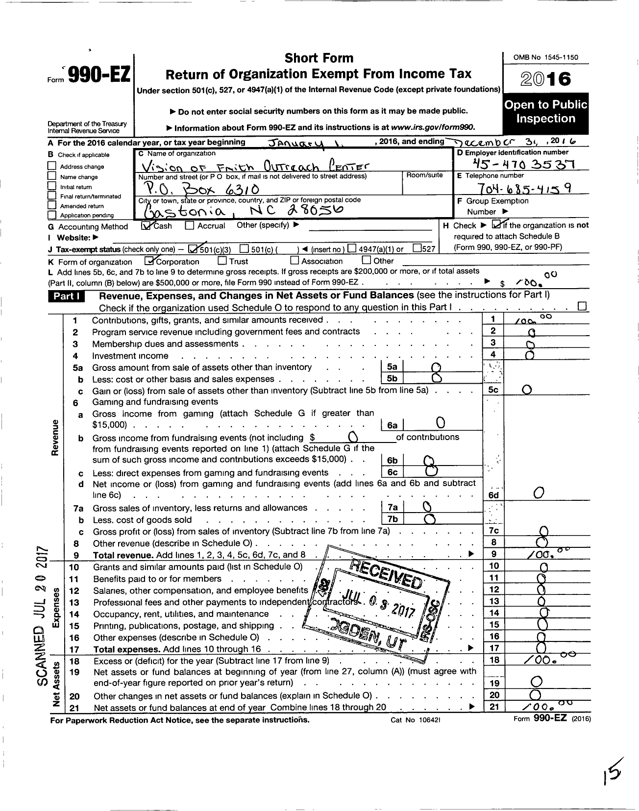 Image of first page of 2016 Form 990EZ for Vision of Faith Outreach Center