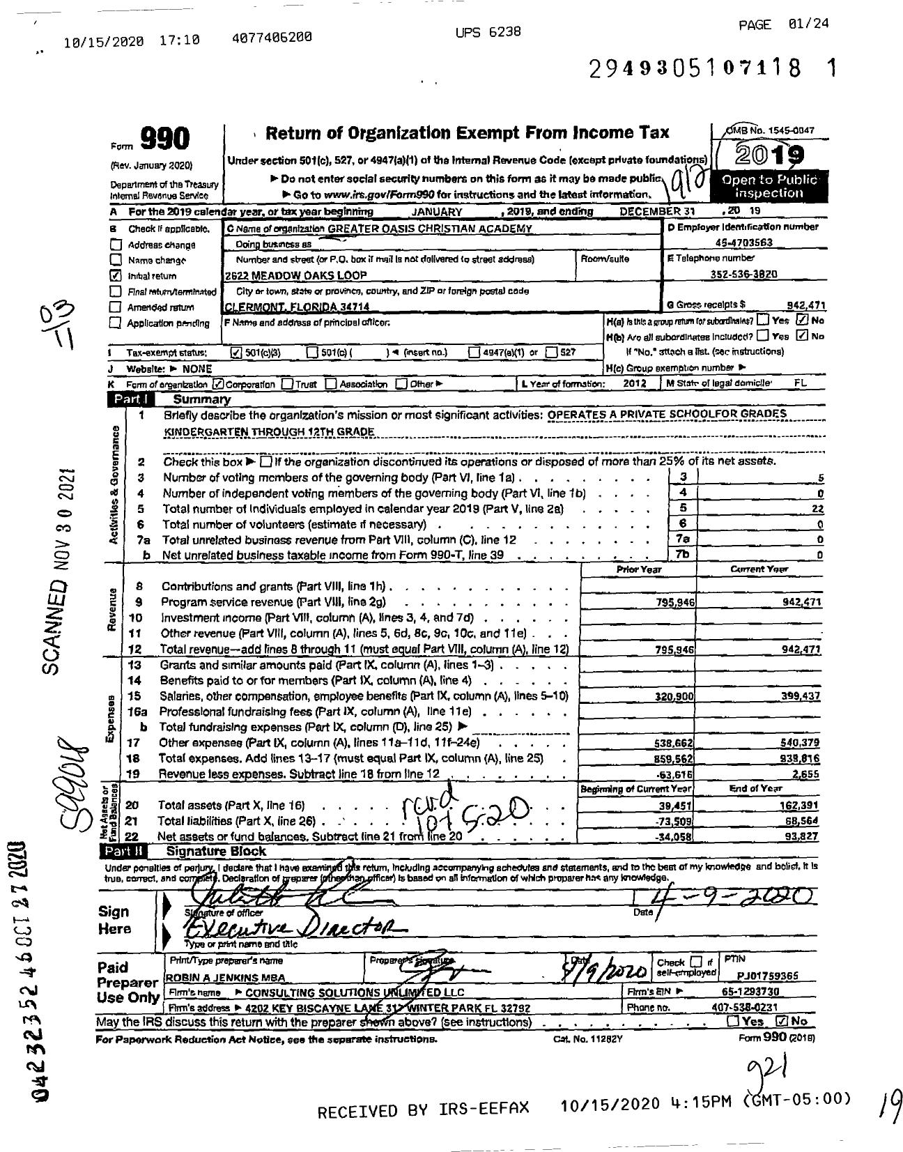 Image of first page of 2019 Form 990 for Greater Oasis Christian Academy