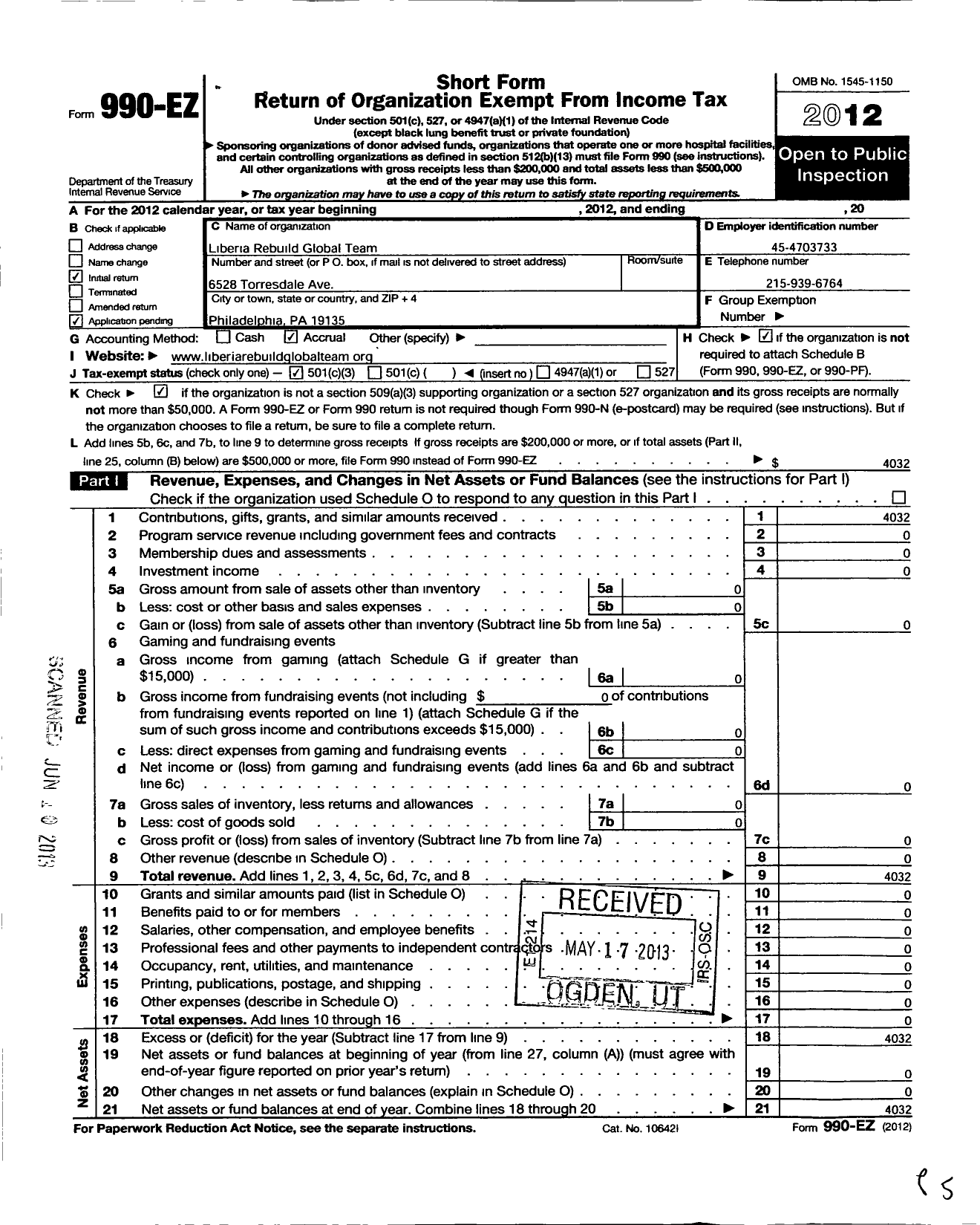 Image of first page of 2012 Form 990EZ for Liberia Rebuild Global Team
