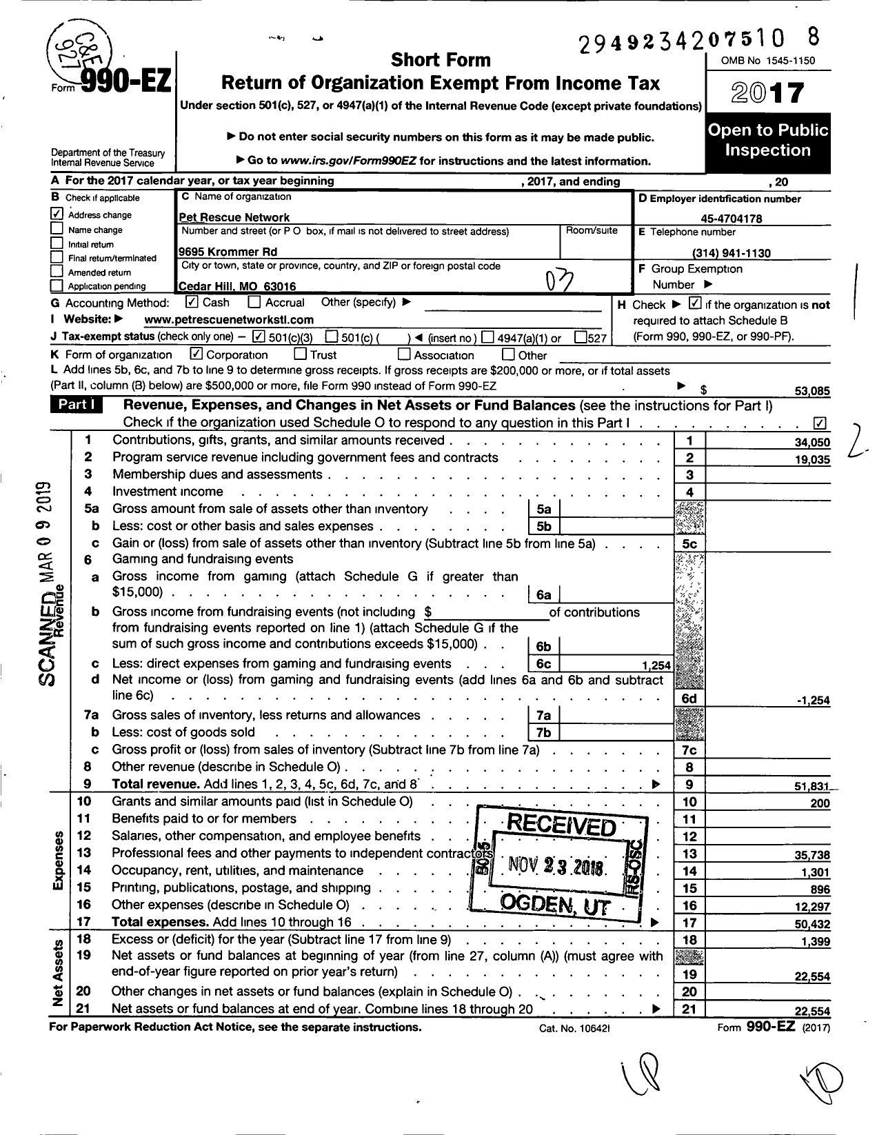 Image of first page of 2017 Form 990EZ for Pet Rescue Network