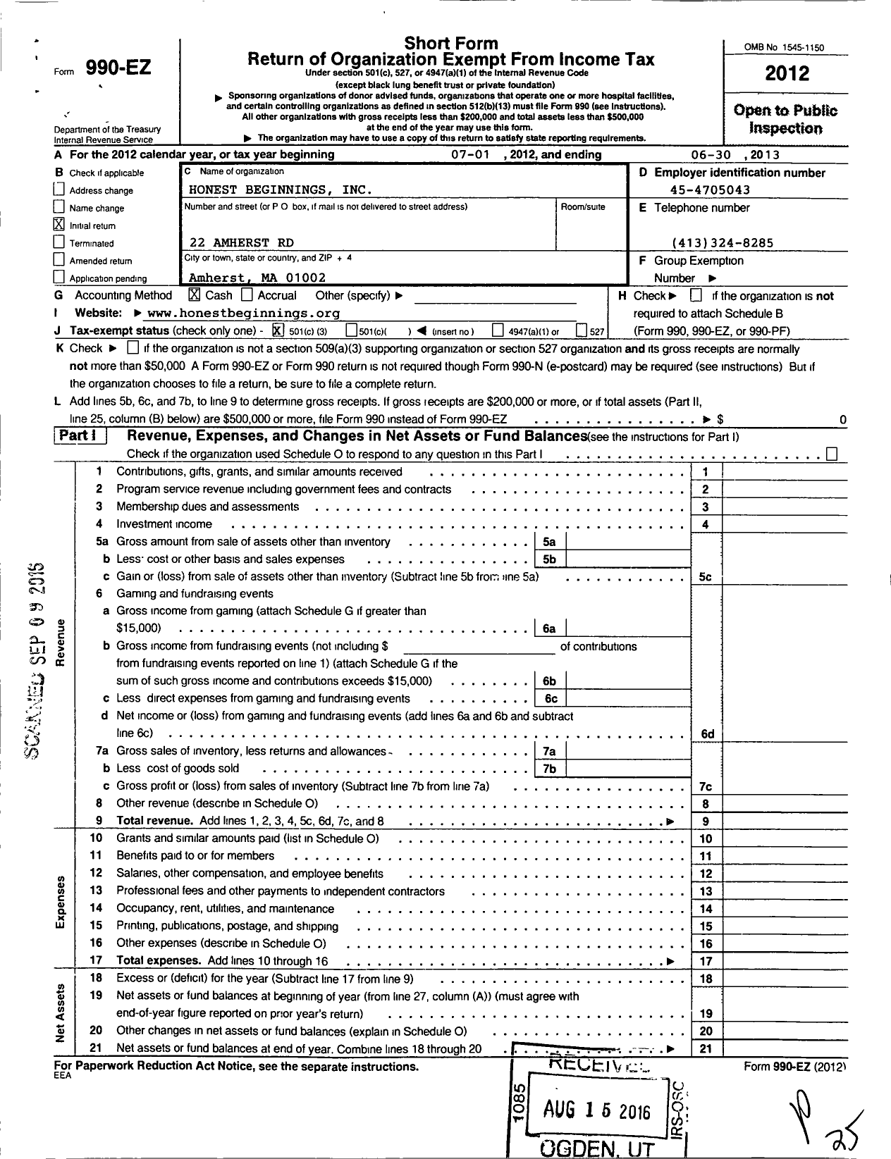 Image of first page of 2012 Form 990EZ for Honest Beginnings