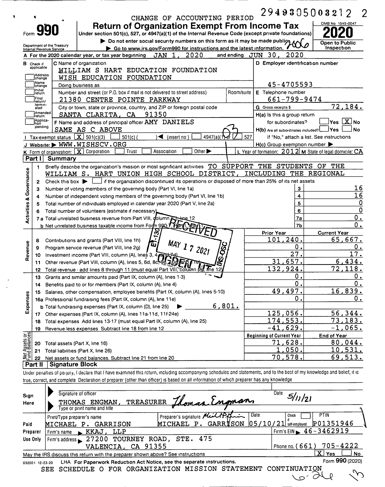 Image of first page of 2019 Form 990 for William S Hart Education Foundation Wish Education Foundation