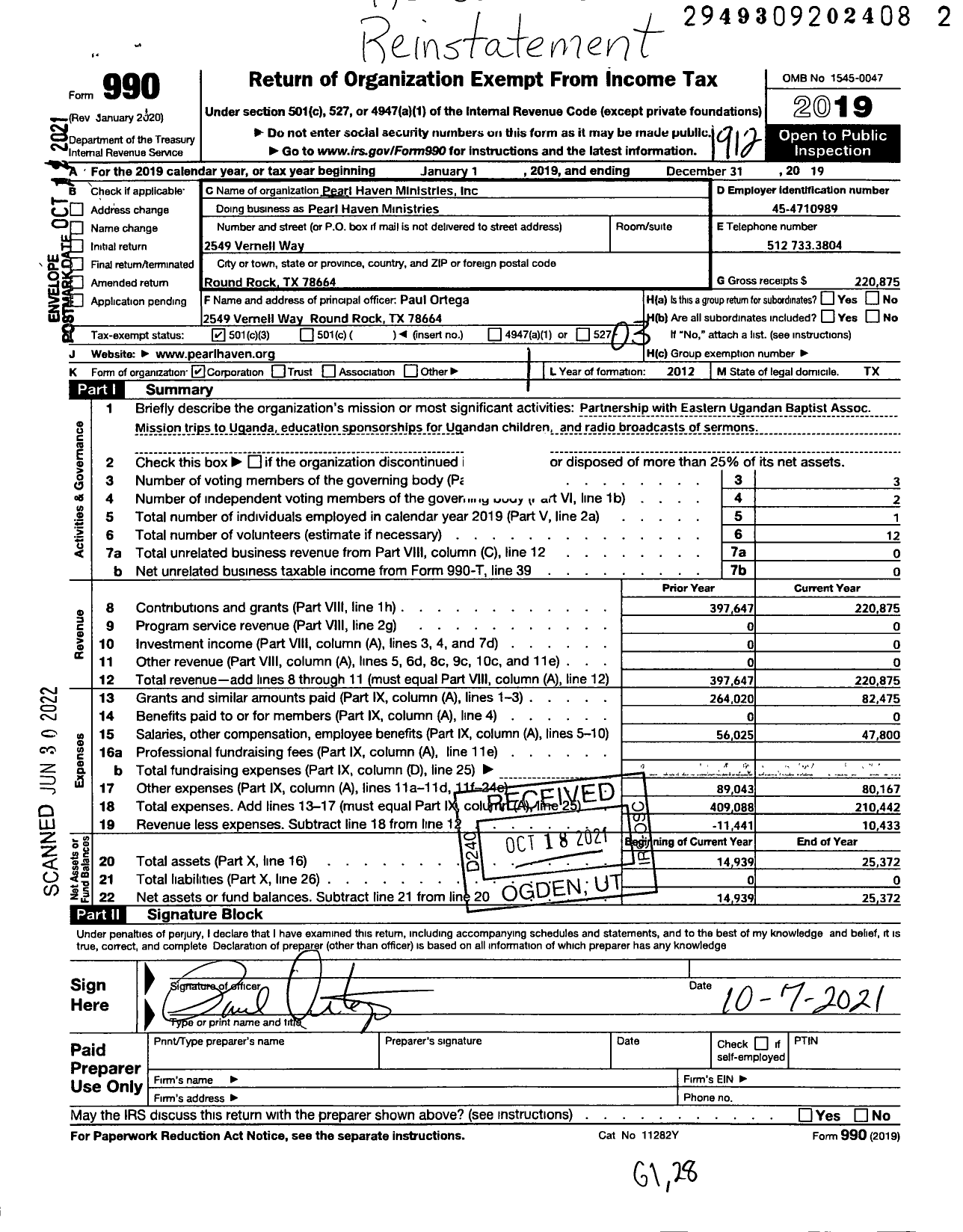 Image of first page of 2019 Form 990 for Pearl Haven Ministries