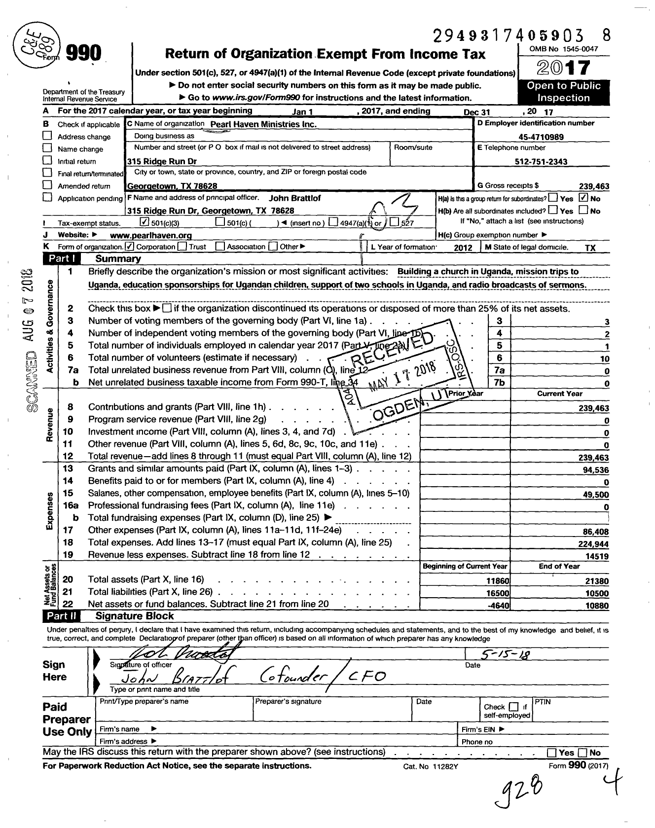 Image of first page of 2017 Form 990 for Pearl Haven Ministries