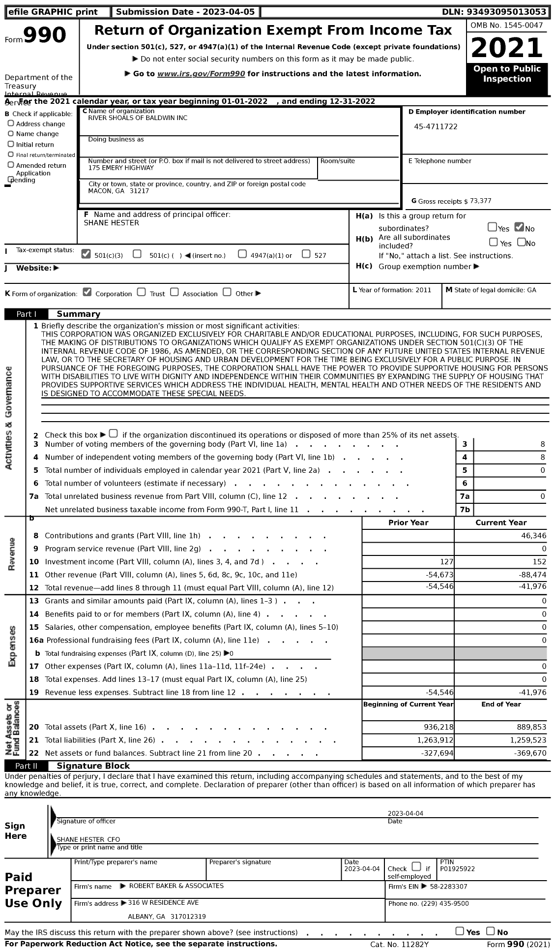 Image of first page of 2022 Form 990 for River Shoals of Baldwin