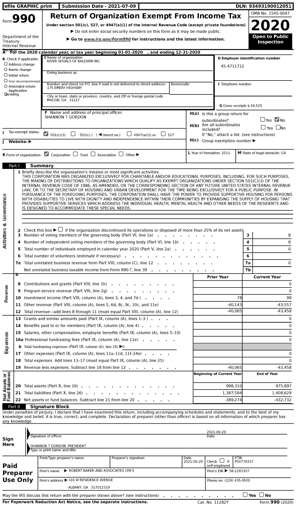 Image of first page of 2020 Form 990 for River Shoals of Baldwin