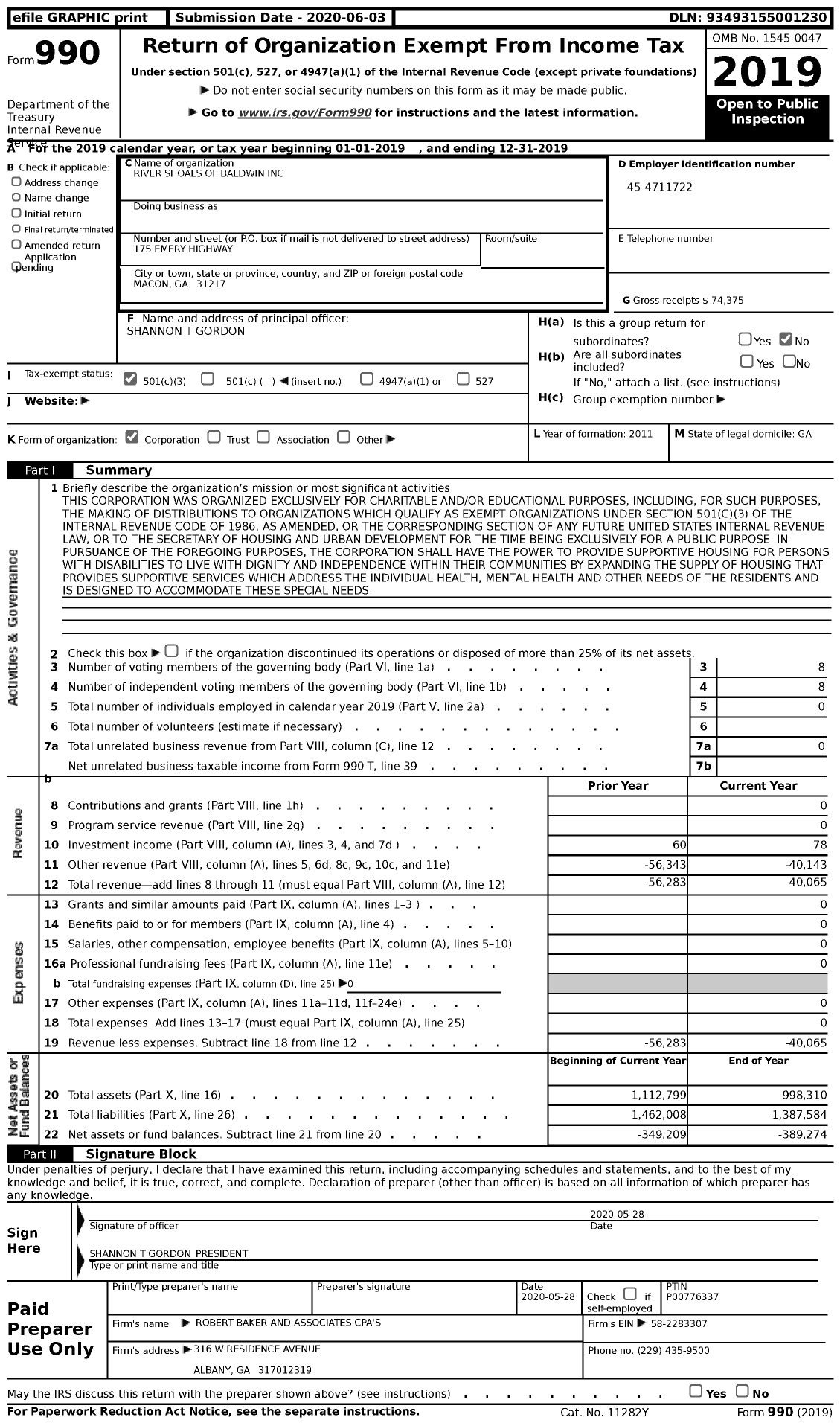 Image of first page of 2019 Form 990 for River Shoals of Baldwin