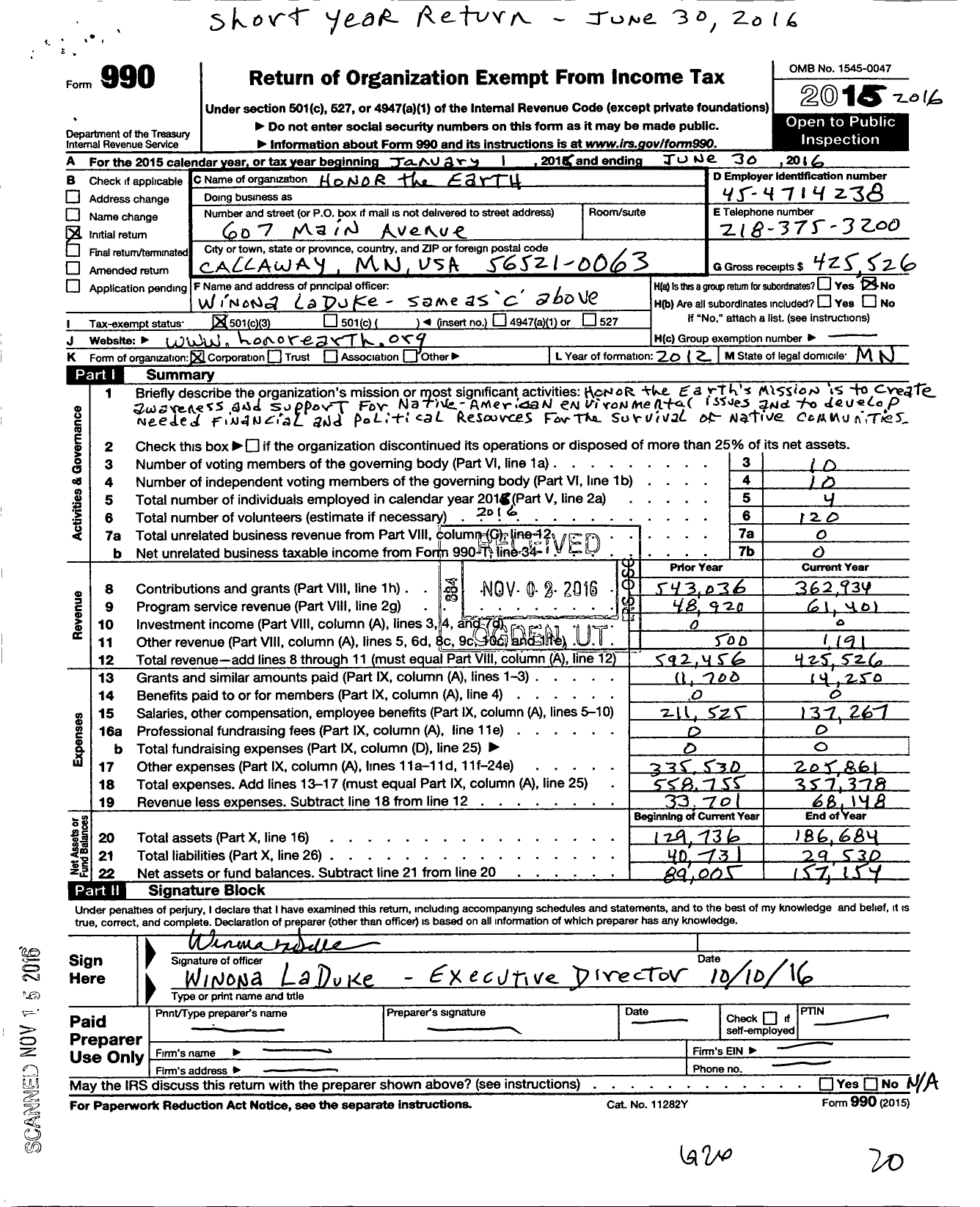 Image of first page of 2015 Form 990 for Honor the Earth